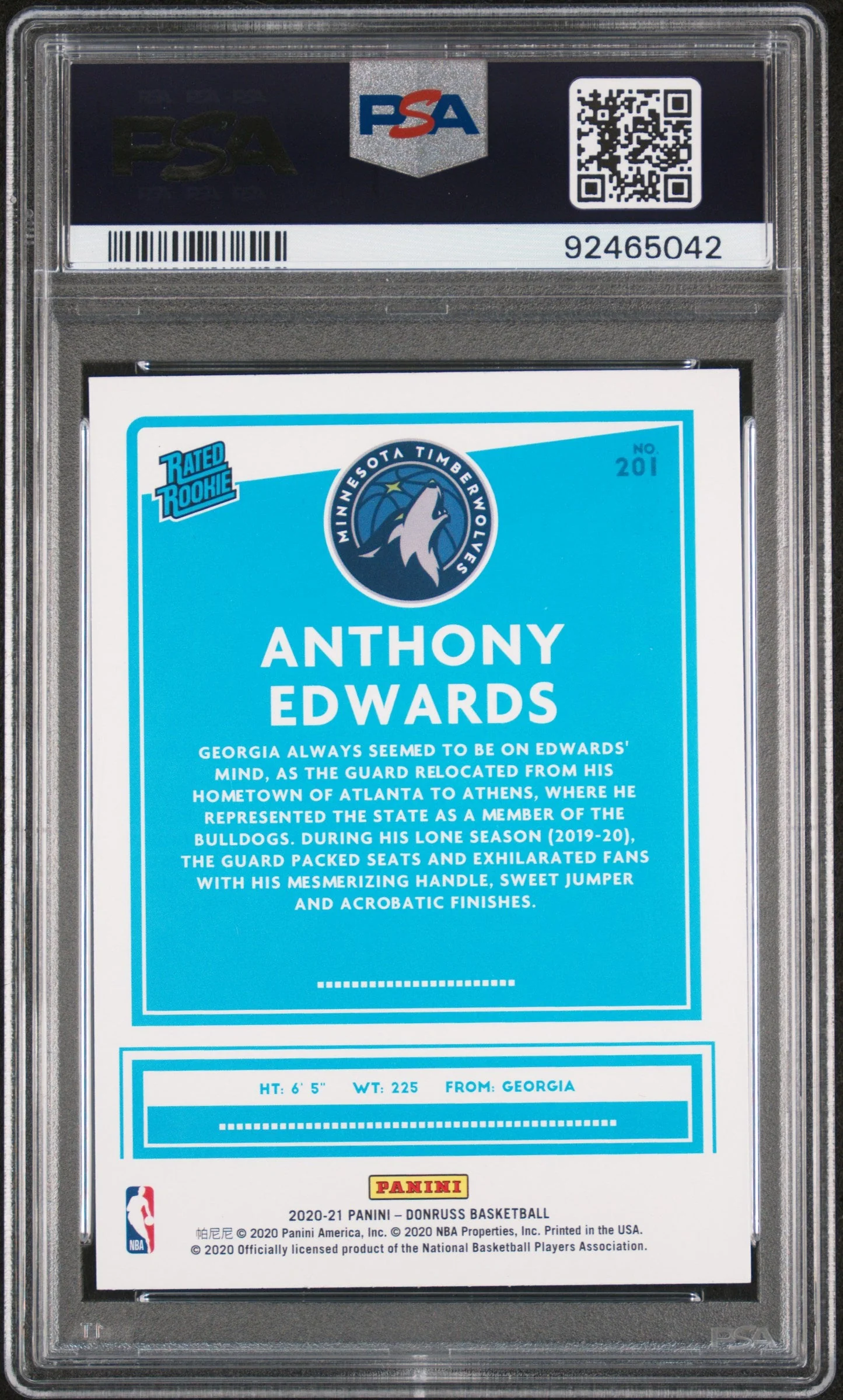 Graded 2020-21 Panini Donruss Anthony Edwards #201 Rated Rookie RC Basketball Card PSA 9 Mint - Image 2