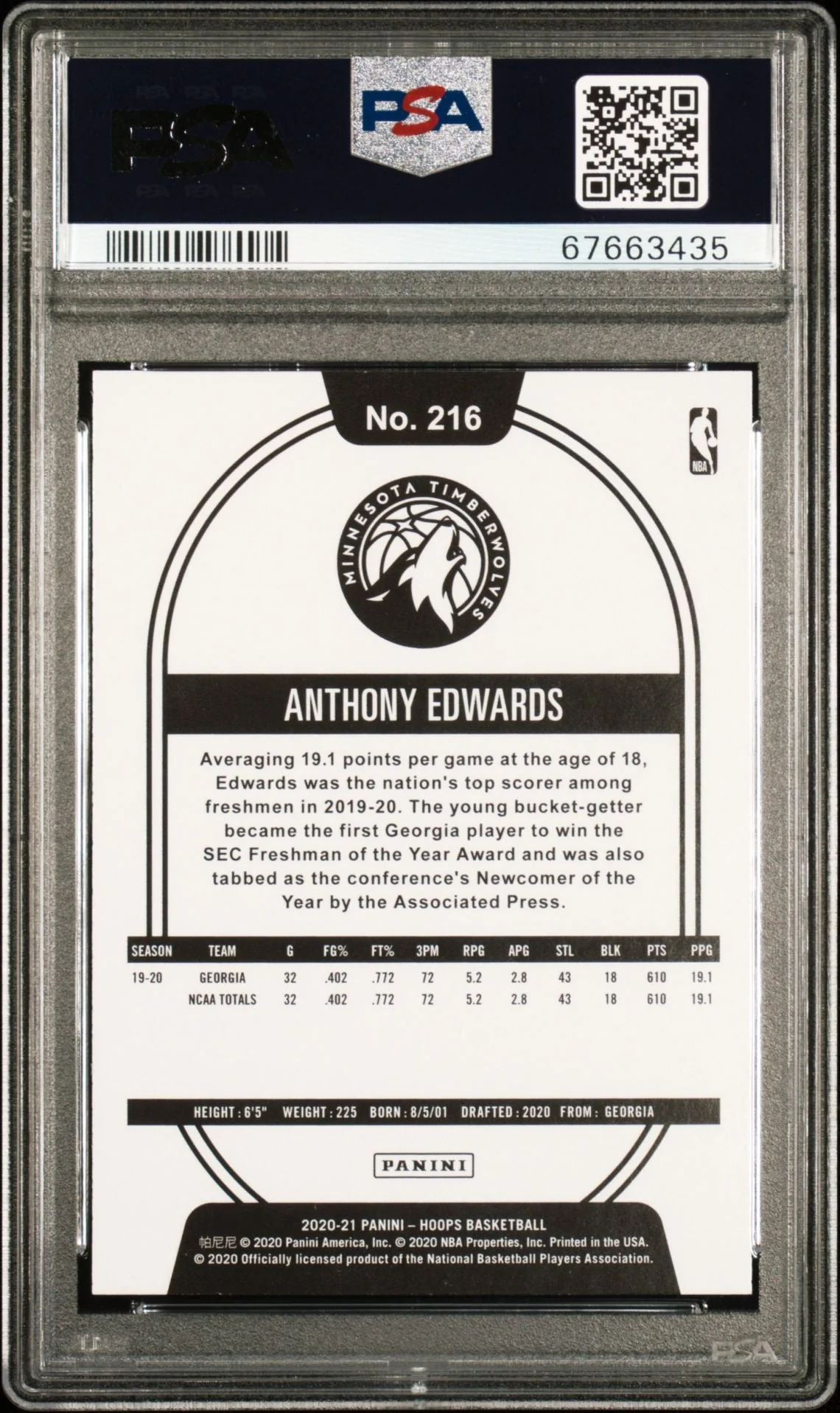 Graded 2020-21 Panini Hoops Anthony Edwards #216 Purple Rookie RC Basketball Card PSA 10 Gem Mint - Image 2