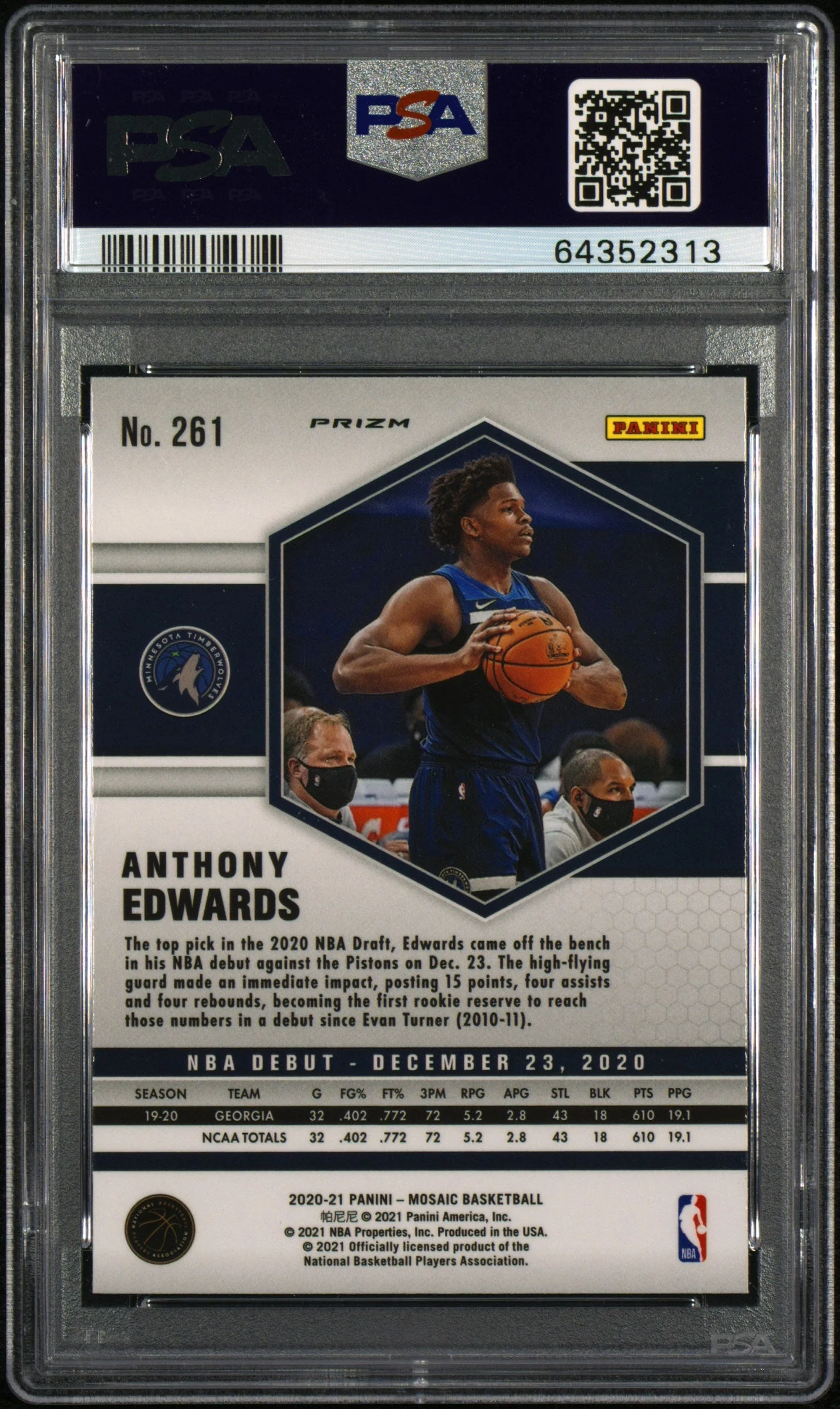 Graded 2020-21 Panini Mosaic Anthony Edwards #261 Green Mosaic Rookie RC Basketball Card PSA 10 Gem Mint - Image 2