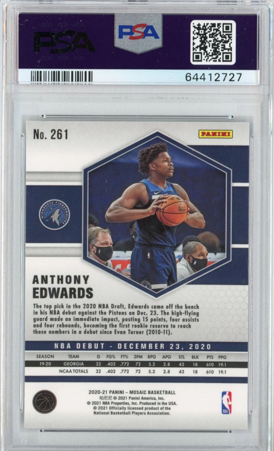 Graded 2020-21 Panini Mosaic Anthony Edwards #261 Rookie RC Basketball Card PSA 10 Gem Mint - Image 2