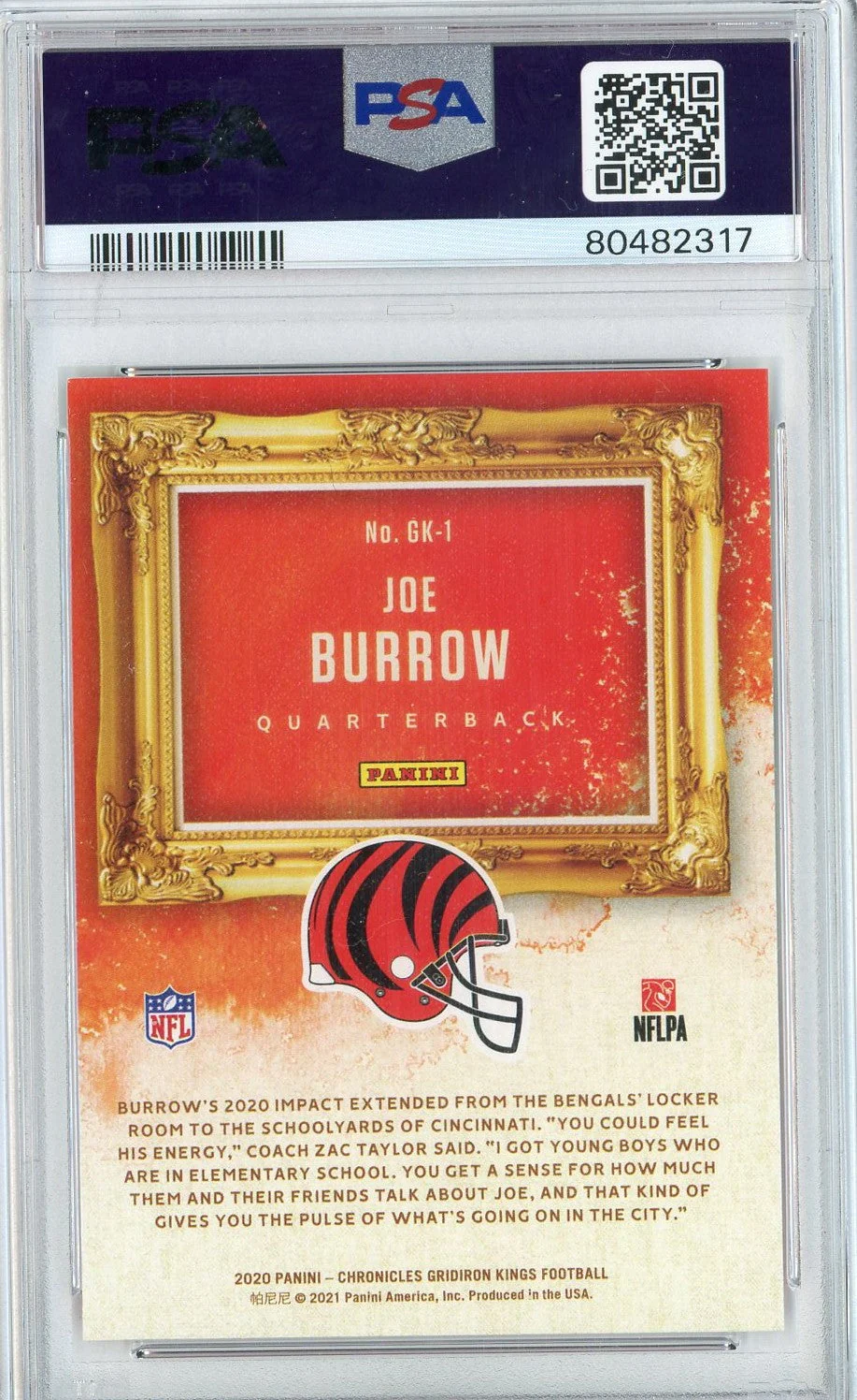 Graded 2020 Panini Chronicles Joe Burrow #GK1 Gridiron Kings Rookie RC Football Card PSA 10 Gem Mint - Image 2