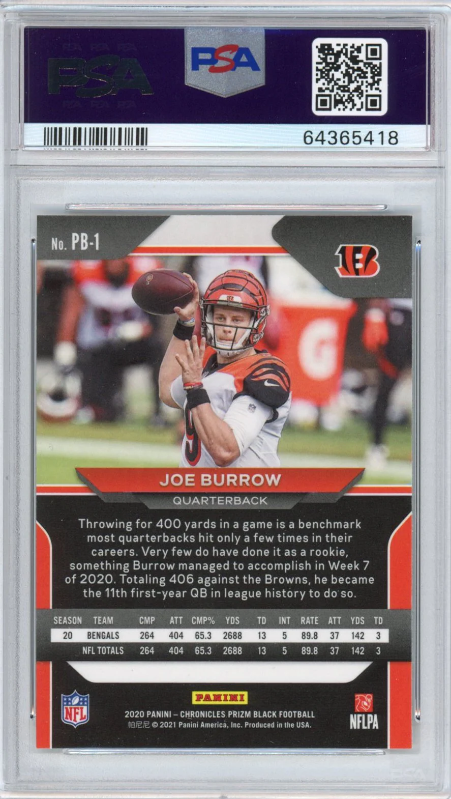 Graded 2020 Panini Chronicles Joe Burrow #PB1 Prizm Black Rookie RC Football Card PSA 10 Gem Mint - Image 2