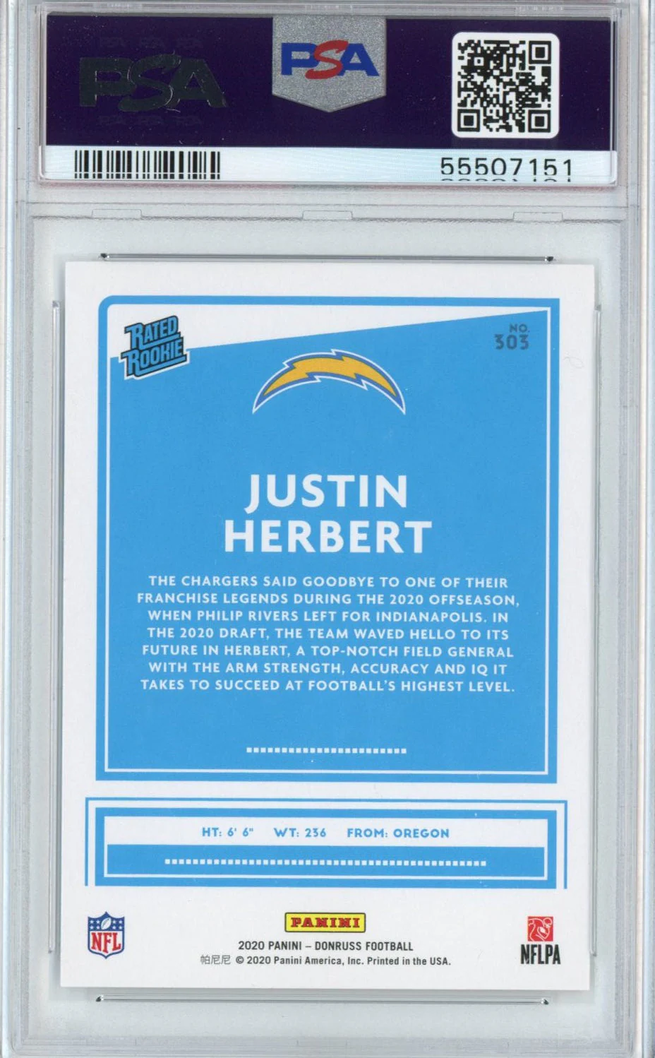 Graded 2020 Panini Donruss Justin Herbert #303 Rookie RC Football Card PSA 10 Gem Mint - Image 2