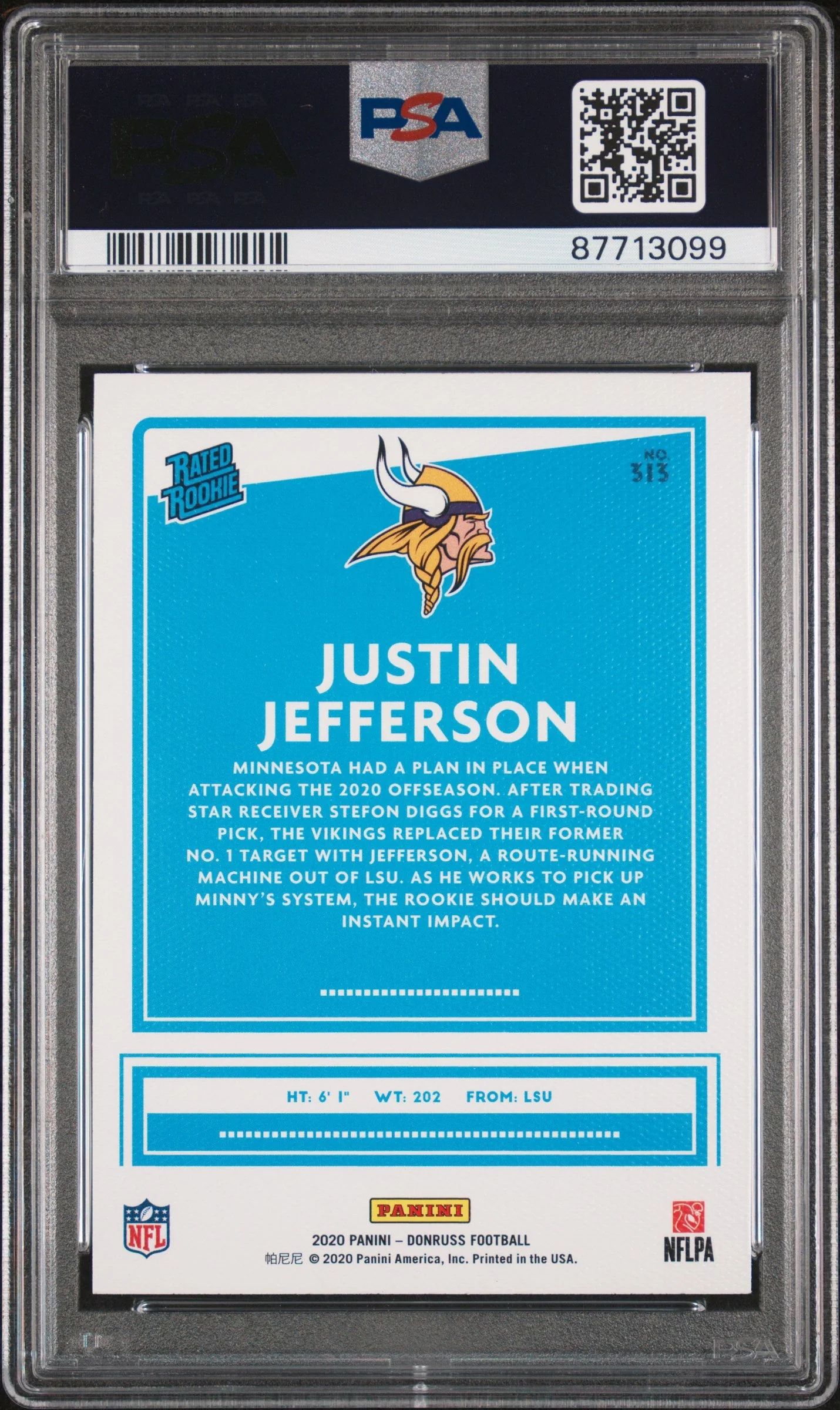 Graded 2020 Panini Donruss Justin Jefferson #313 Canvas Rookie RC Football Card PSA 10 Gem Mint - Image 2