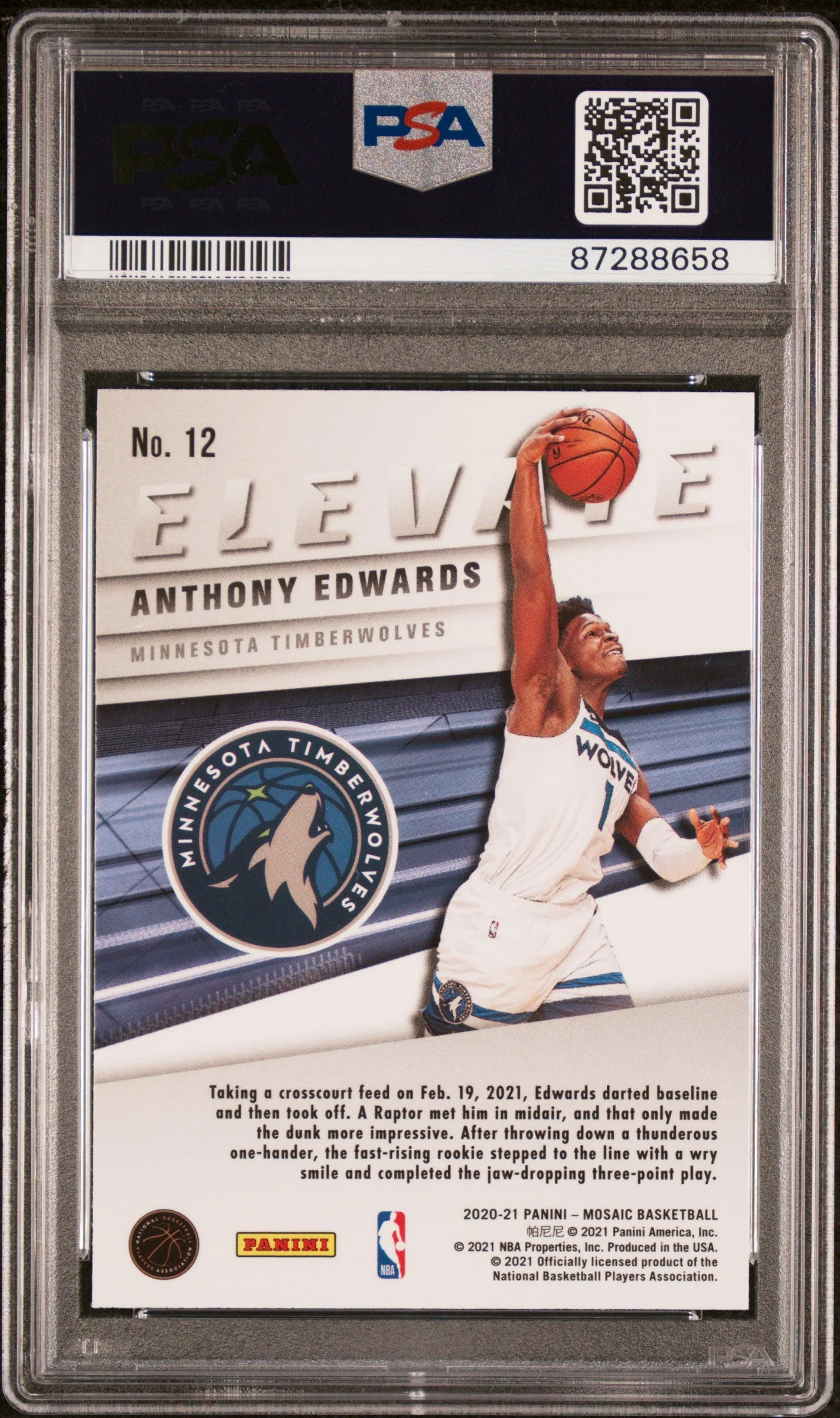 Graded 2020 Panini Mosaic Anthony Edwards #12 Elevate Rookie RC Basketball Card PSA 10 Gem Mint - Image 2