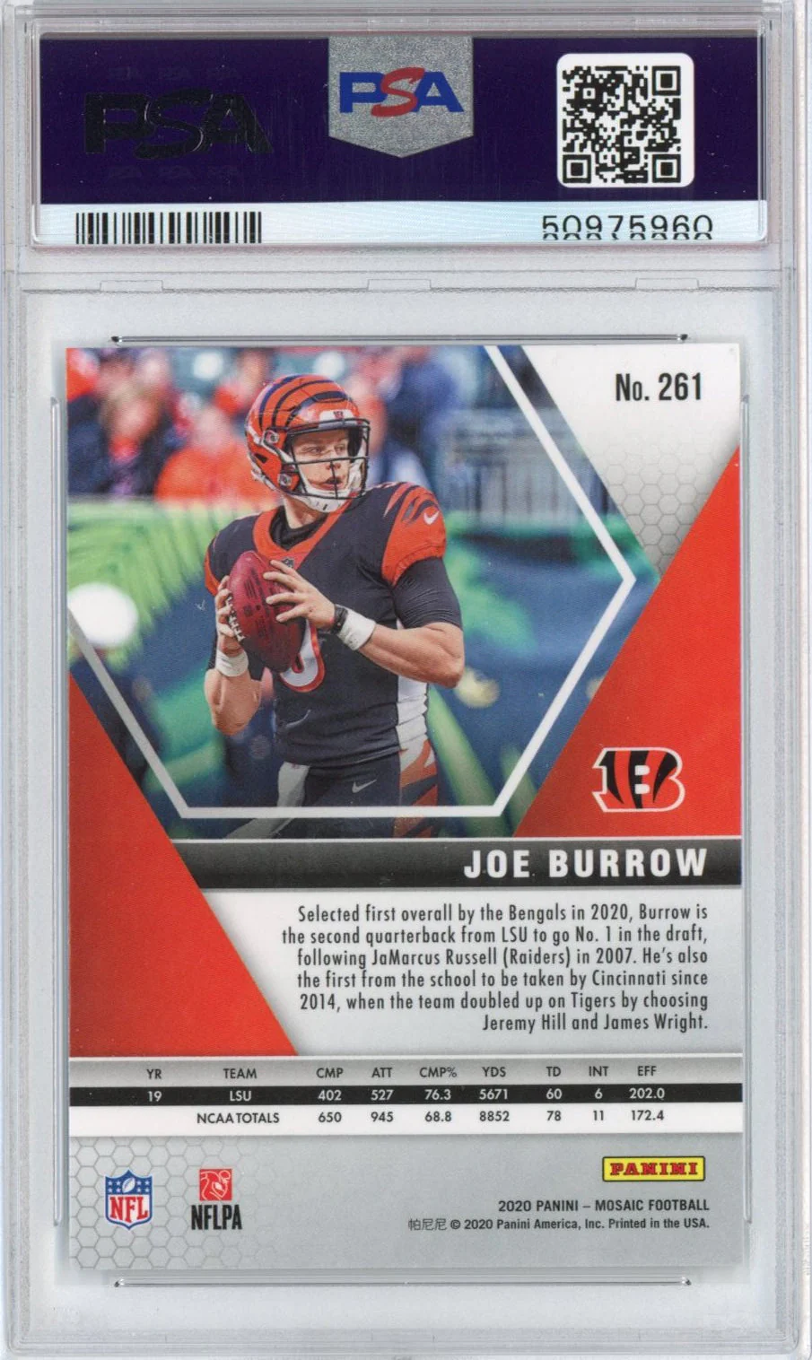 Graded 2020 Panini Mosaic Joe Burrow #261 Rookie RC Football Card PSA 9 Mint - Image 2