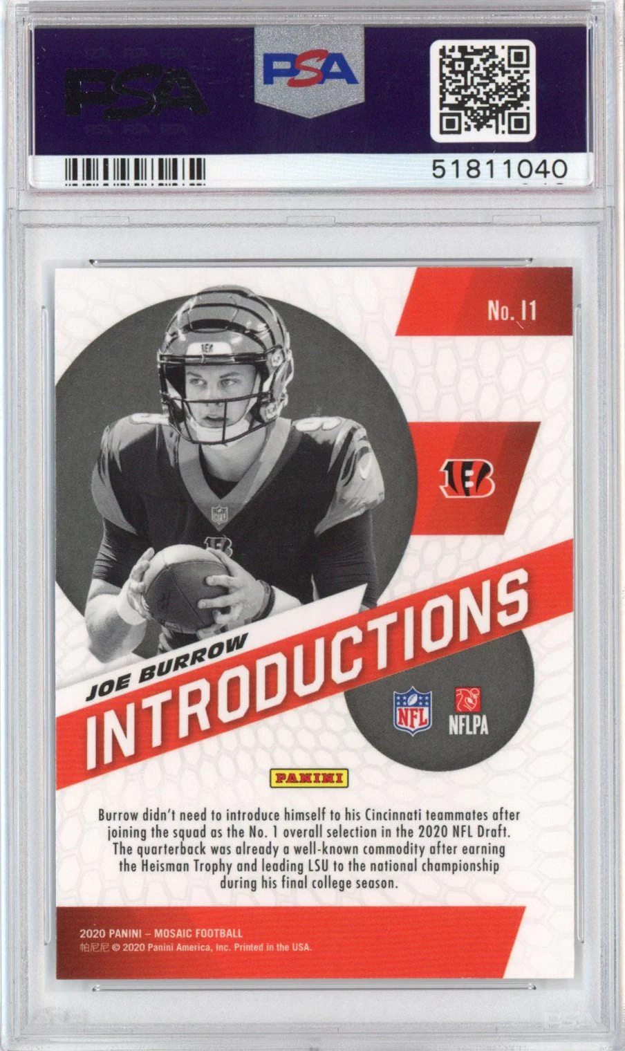 Graded 2020 Panini Mosaic Joe Burrow #I1 Introductions Rookie RC Football Card PSA 10 Gem Mint - Image 2