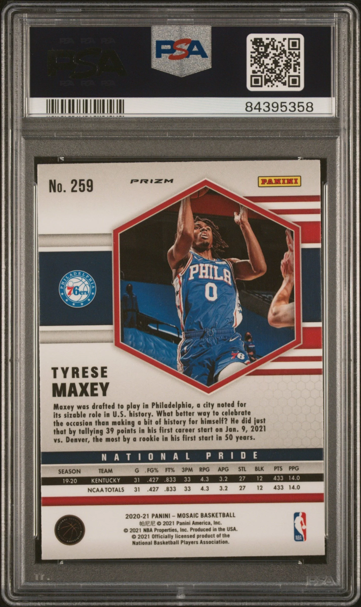 Graded 2020 Panini Mosaic Tyrese Maxey #259 Gold Wave Rookie RC Basketball Card PSA 10 Gem Mint - Image 2