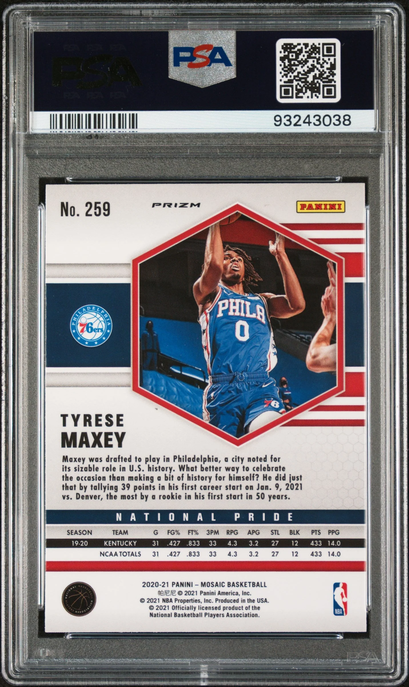 Graded 2020 Panini Mosaic Tyrese Maxey #259 Red Mosaic Rookie RC Basketball Card PSA 10 Gem Mint - Image 2