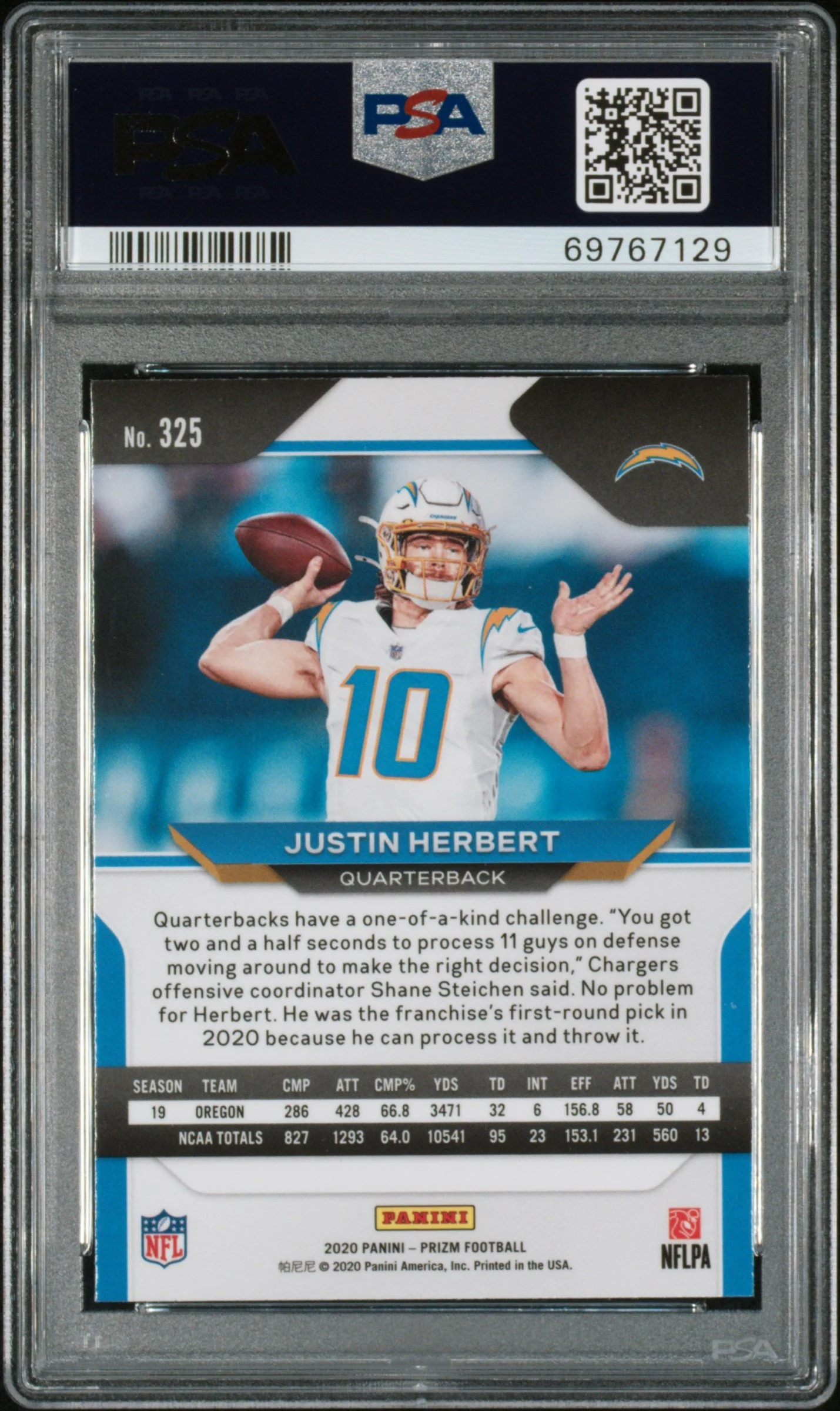 Graded 2020 Panini Prizm Justin Herbert #325 Rookie RC Football Card PSA 10 Gem Mint - Image 2