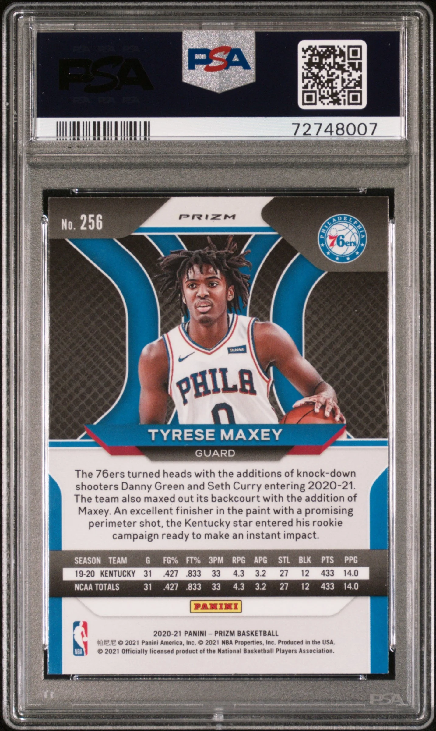 Graded 2020 Panini Prizm Tyrese Maxey #256 Pink Ice Rookie RC Basketball Card PSA 10 Gem Mint - Image 2
