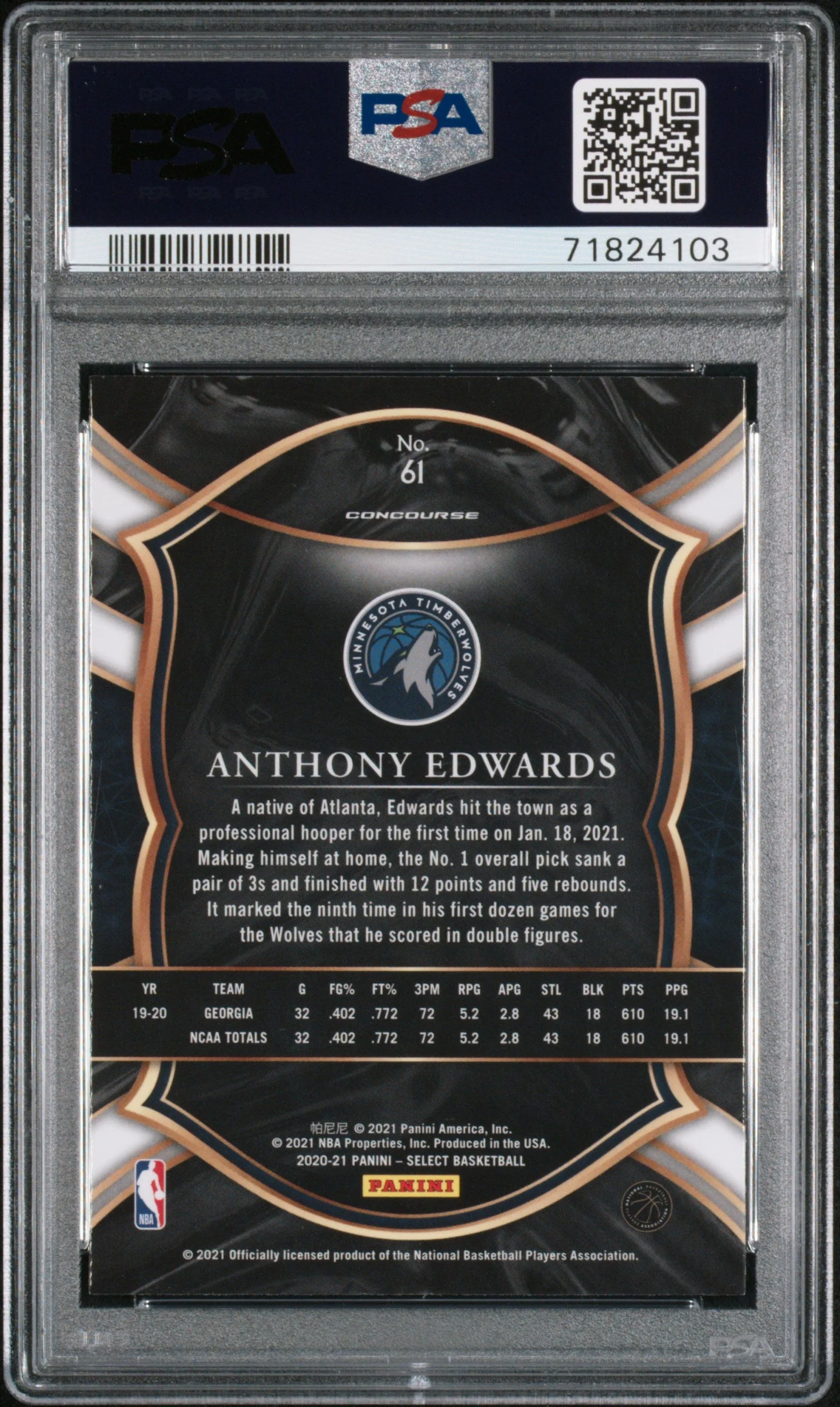 Graded 2020 Panini Select Anthony Edwards #61 Rookie RC Basketball Card PSA 10 Gem Mint - Image 2