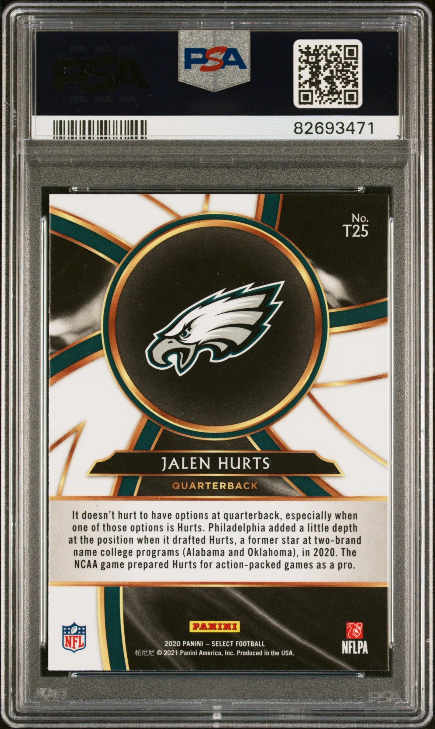 Graded 2020 Panini Select Jalen Hurts #T25 Turbocharged Rookie RC Football Card PSA 10 Gem Mint - Image 2