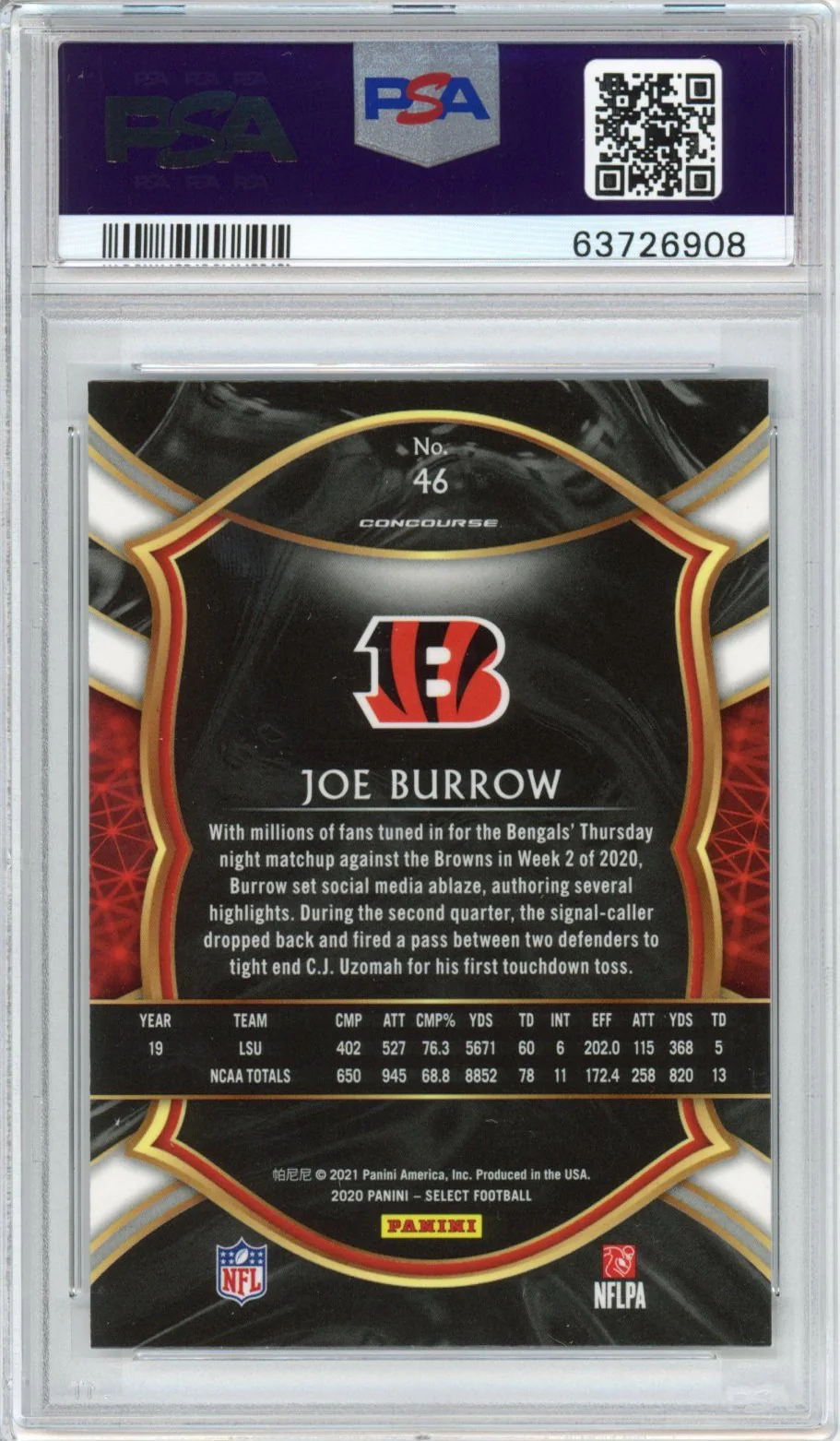 Graded 2020 Panini Select Joe Burrow #46 Rookie RC Football Card PSA 10 Gem Mint - Image 2