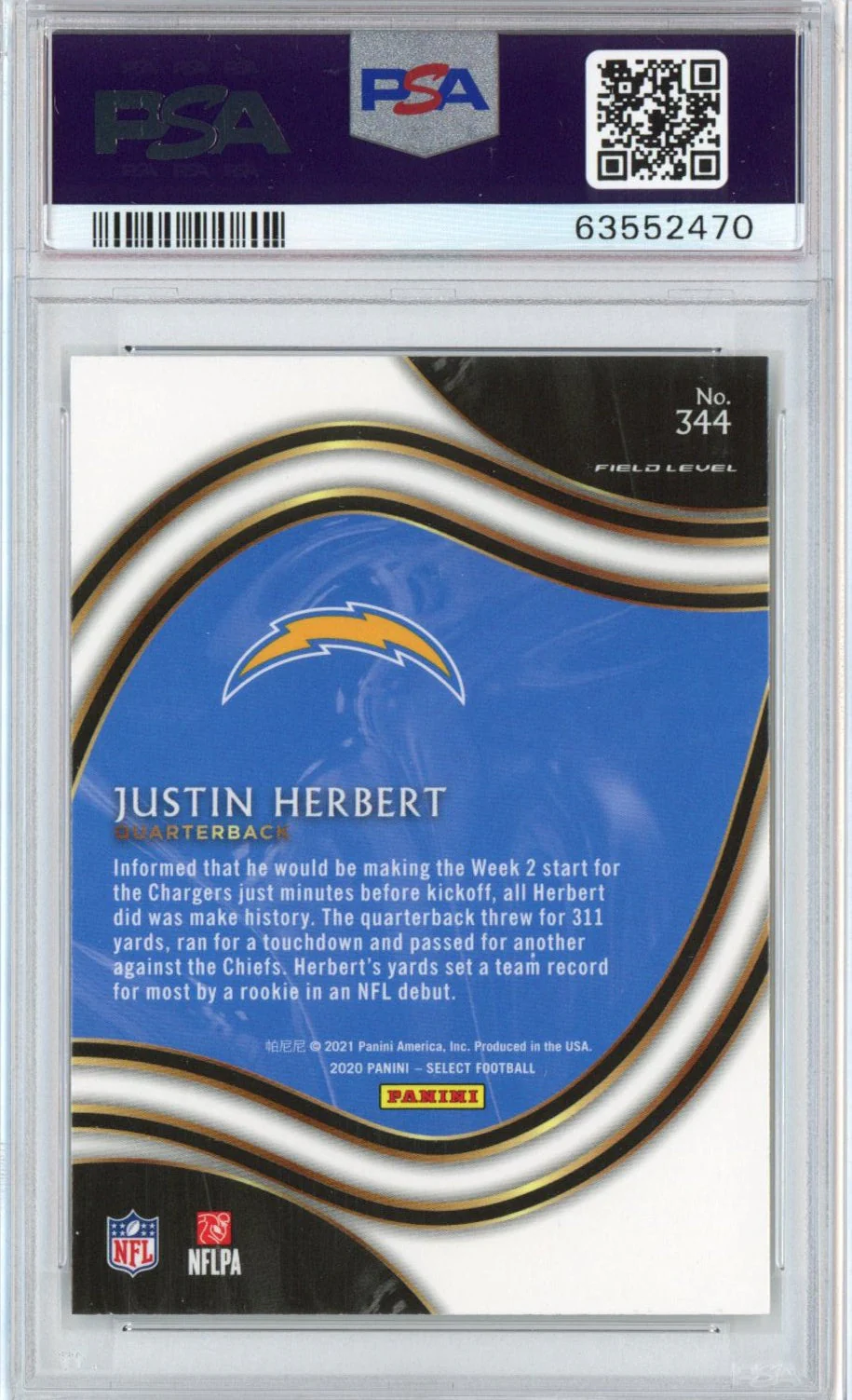 Graded 2020 Panini Select Justin Herbert #344 Certified Rookie RC Football Card PSA 10 Gem Mint - Image 2