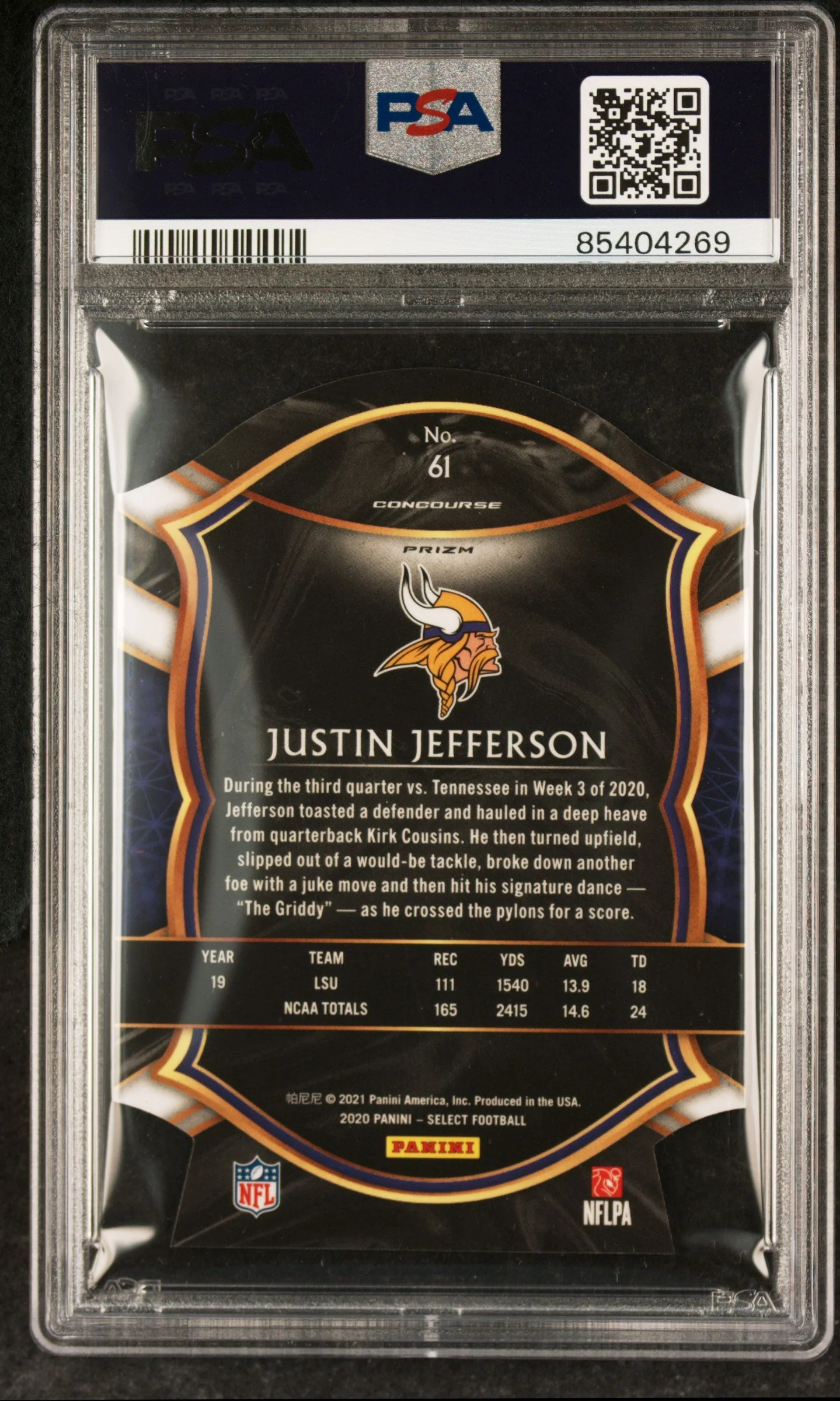 Graded 2020 Panini Select Justin Jefferson #61 Die Cut Purple Prizm Rookie RC Football Card PSA 10 Gem Mint - Image 2