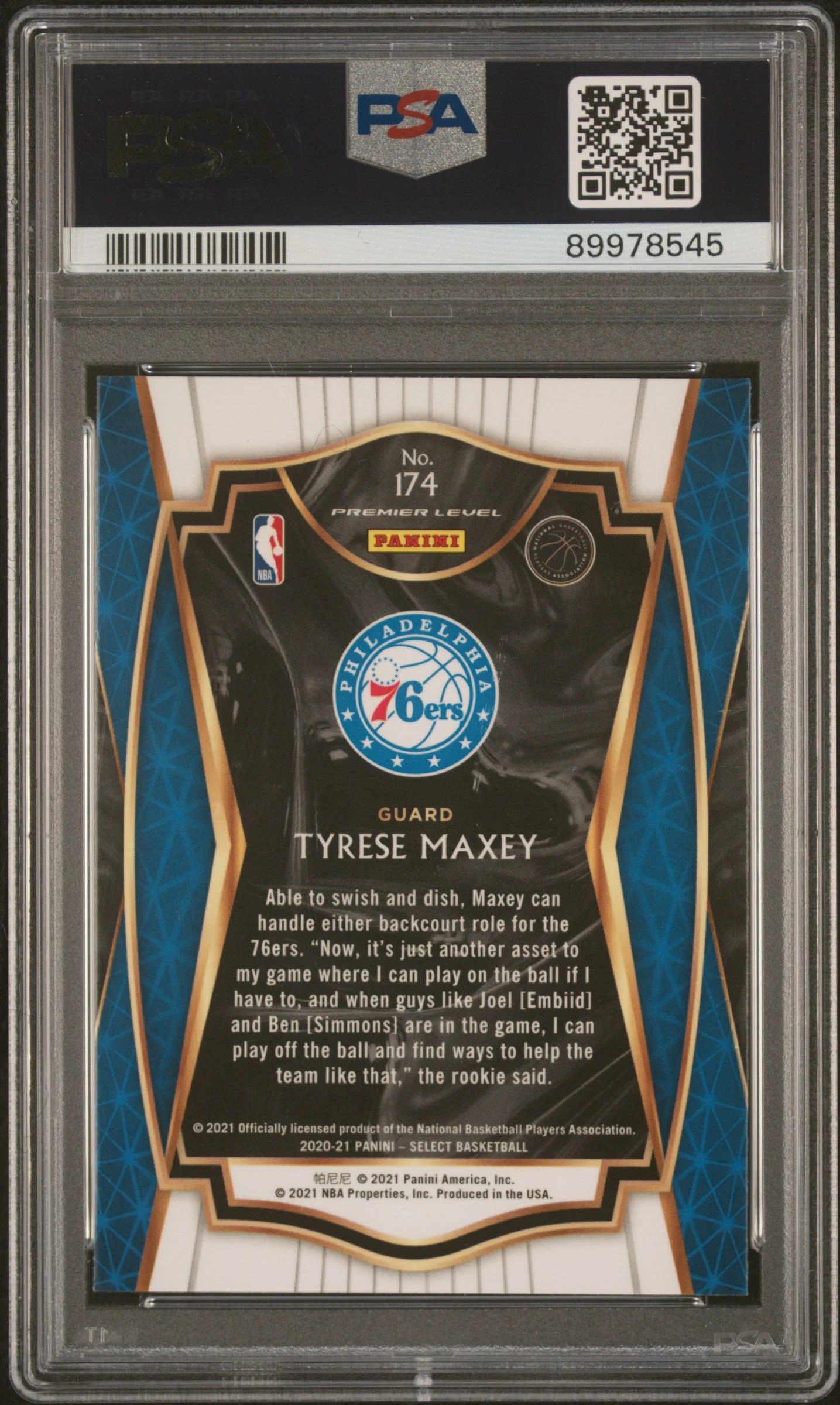 Graded 2020 Panini Select Tyrese Maxey #174 Blue Retail Rookie RC Basketball Card PSA 10 Gem Mint - Image 2