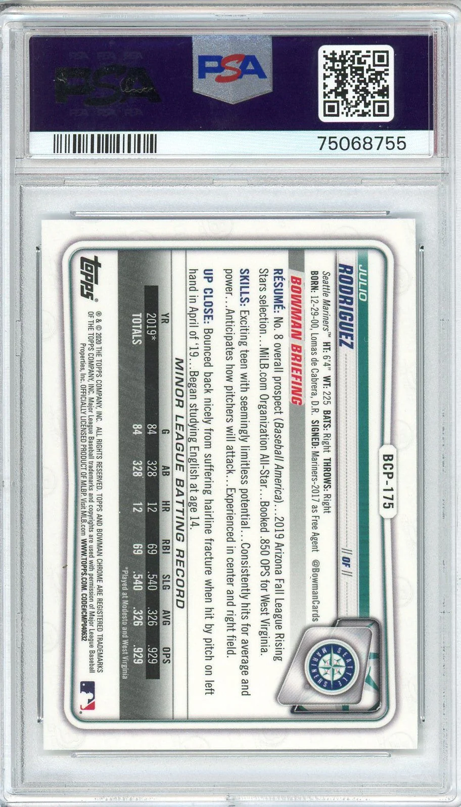 Graded 2020 Topps Bowman Chrome Julio Rodriguez #BCP175 Prospects RC Baseball Card PSA 10 Gem Mint - Image 2