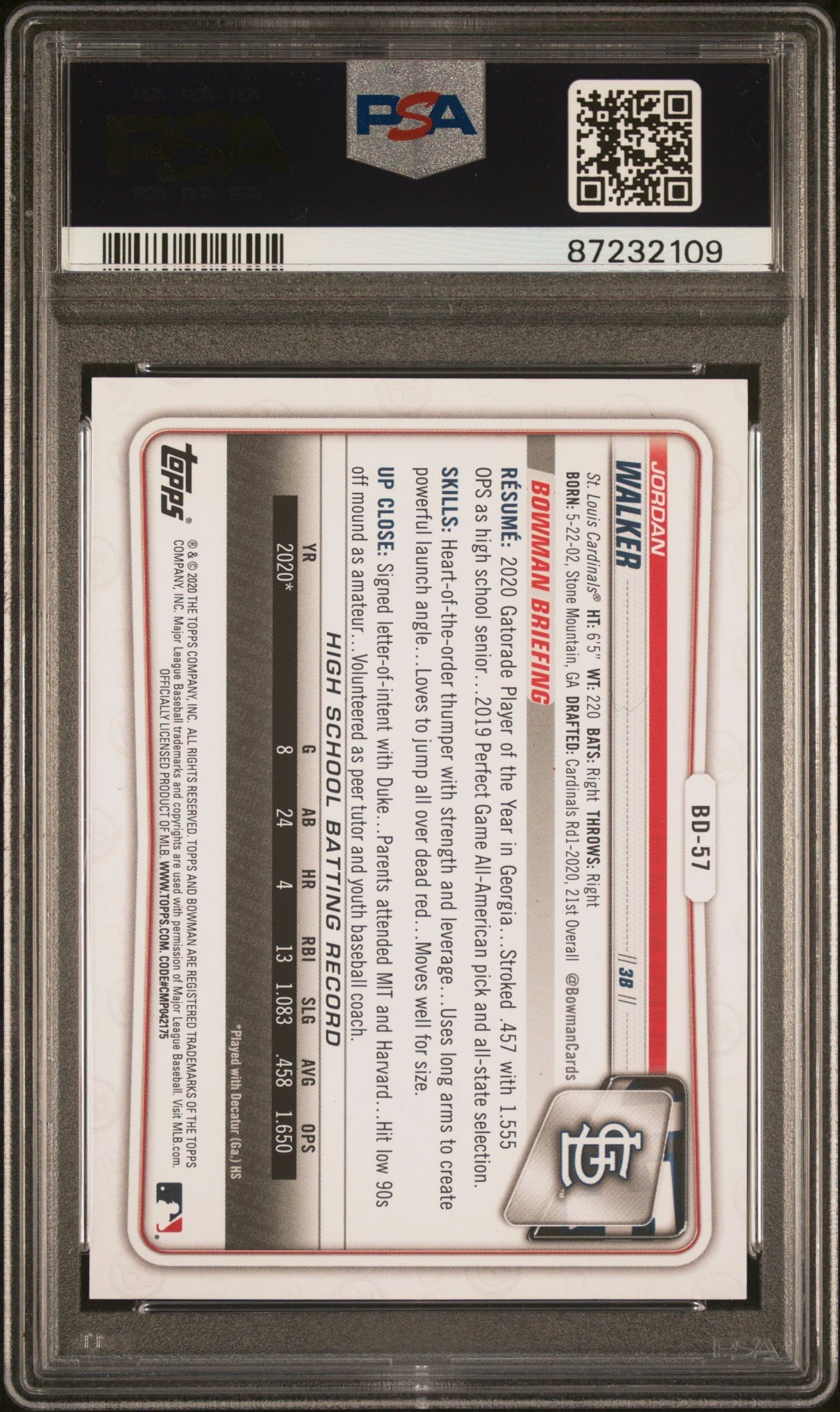 Graded 2020 Topps Bowman Draft Jordan Walker #BD57 Rookie RC Baseball Card PSA 10 Gem Mint - Image 2