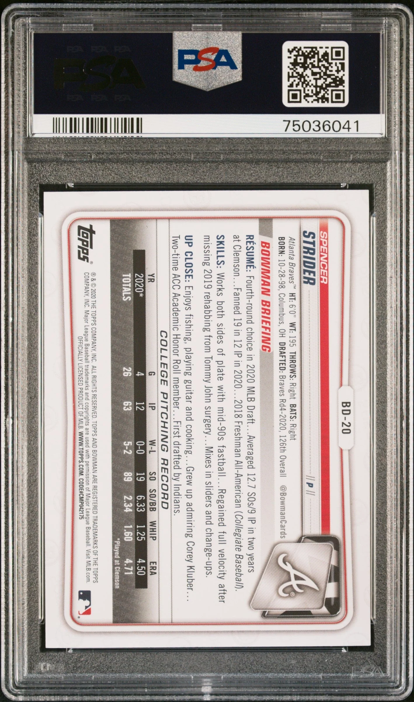 Graded 2020 Topps Bowman Draft Spencer Strider #BD20 Rookie RC Baseball Card PSA 10 Gem Mint - Image 2