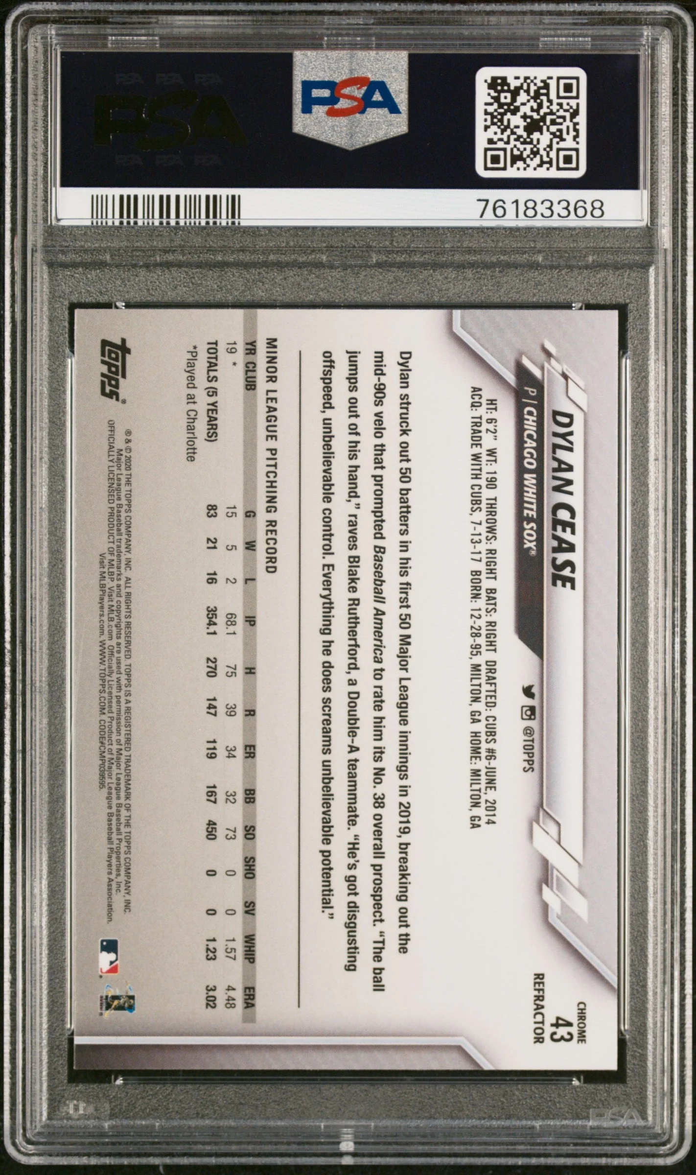 Graded 2020 Topps Chrome Dylan Cease #43 Refractor Rookie RC Baseball Card PSA 10 Gem Mint - Image 2