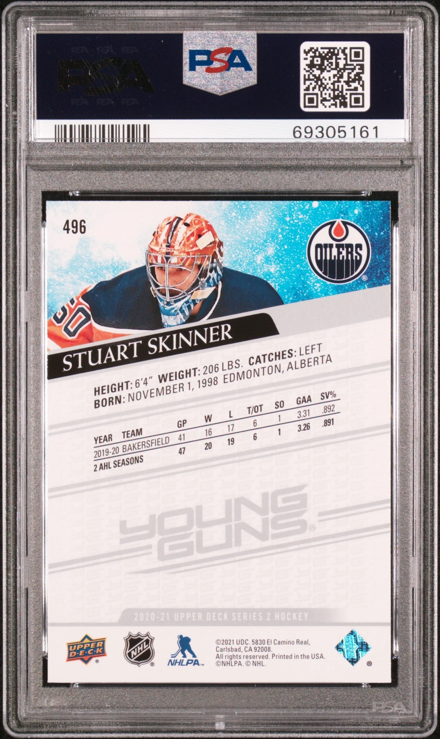 Graded 2020 Upper Deck Stuart Skinner #496 Rookie Class RC Hockey Card PSA 10 Gem Mint - Image 2