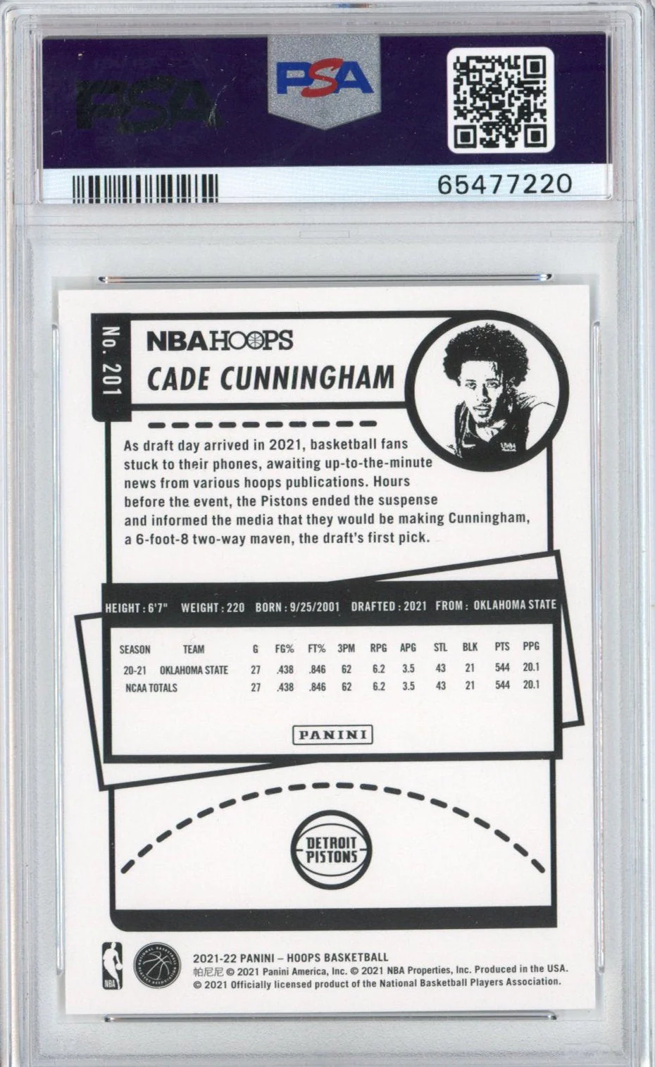 Graded 2021-22 Panini NBA Hoops Cade Cunningham #201 Rookie RC Basketball Card PSA 10 Gem Mint - Image 2