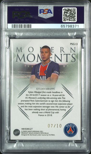 Graded 2021 Futera Unique Live PSG Modern Moments Kylian Mbappe #PSG13 Silver Soccer Card /10 PSA 9 Mint - Image 2