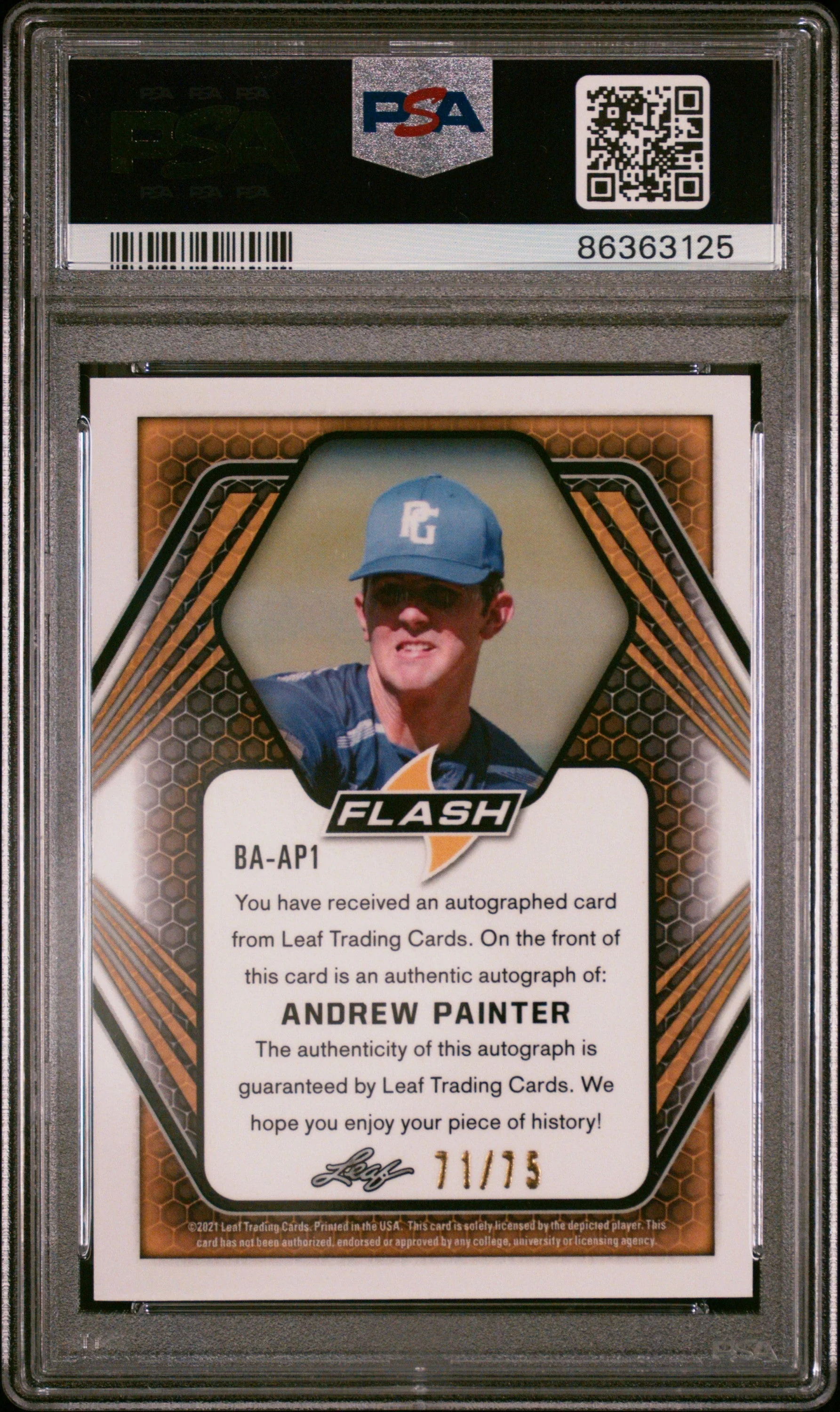 Graded 2021 Leaf Flash Andrew Painter #AP1 Autograph Purple #/75 Rookie RC Baseball Card PSA 10 Gem Mint - Image 2
