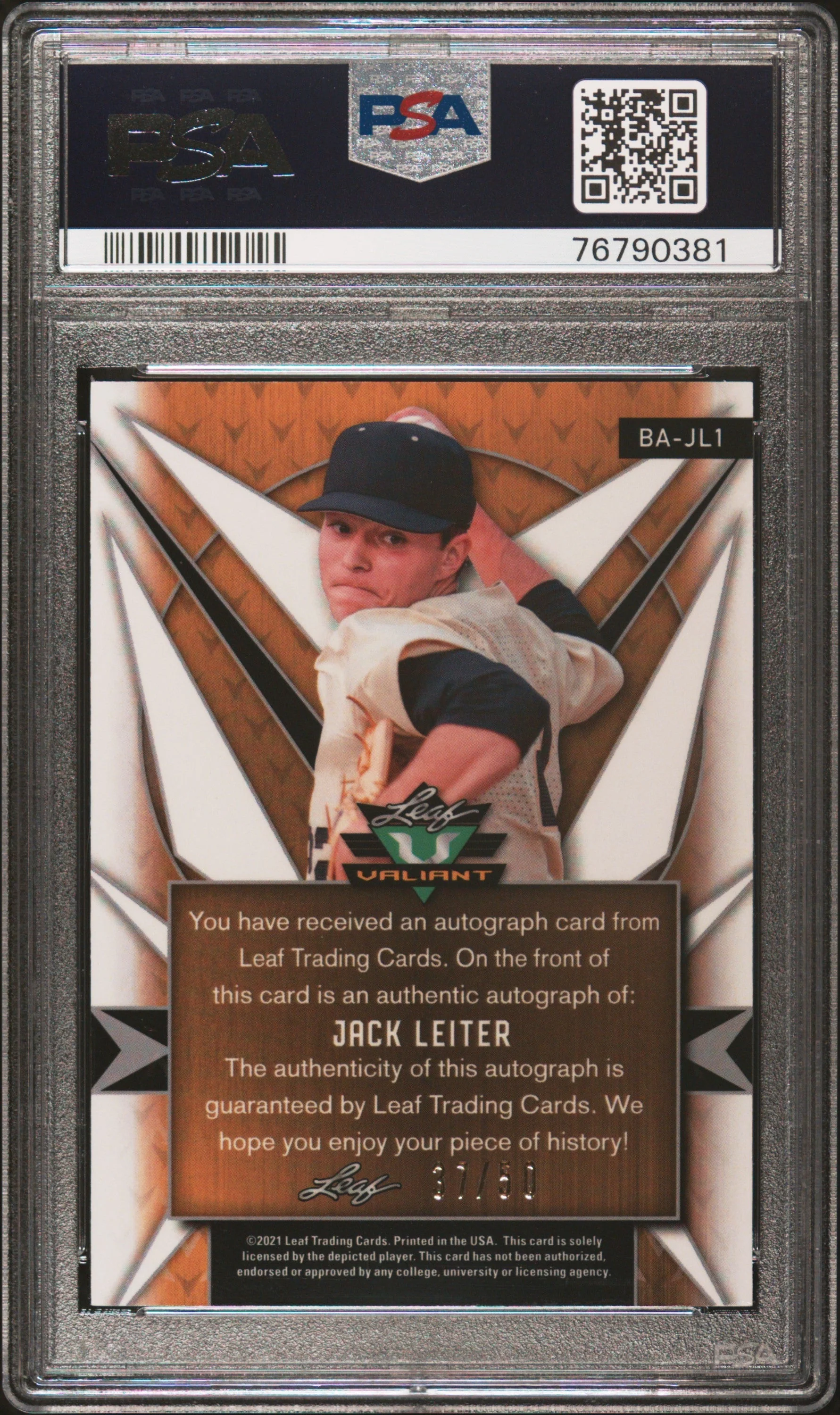 Graded 2021 Leaf Valiant Jack Leiter #BAJL1 Autograph Purple #/50 Rookie RC Baseball Card PSA 10 Gem Mint - Image 2