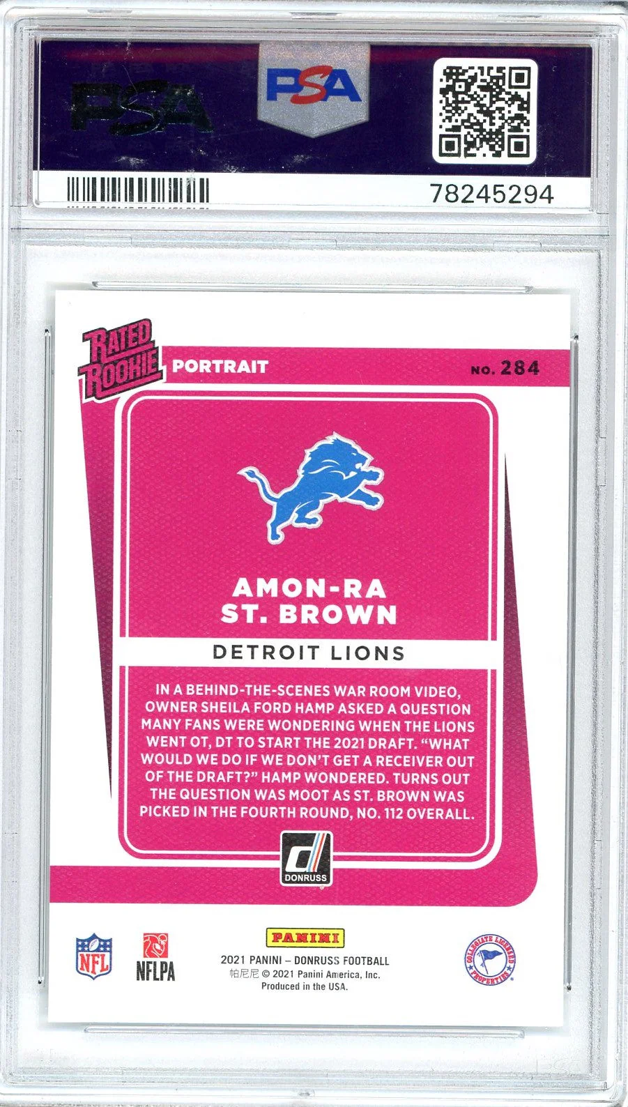 Graded 2021 Panini Donruss Amon-Ra St. Brown #284 Portrait Rookie RC Football Card PSA 10 Gem Mint - Image 2
