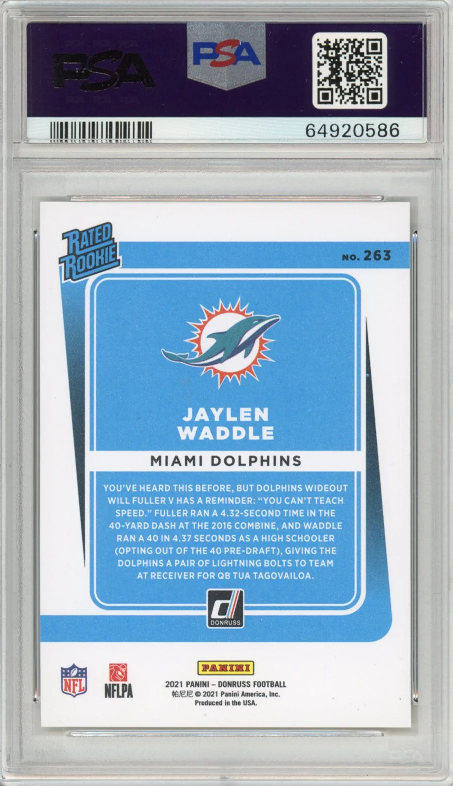 Graded 2021 Panini Donruss Jaylen Waddle #263 Press Proof Premium Rookie RC Football Card PSA 10 Gem Mint - Image 2