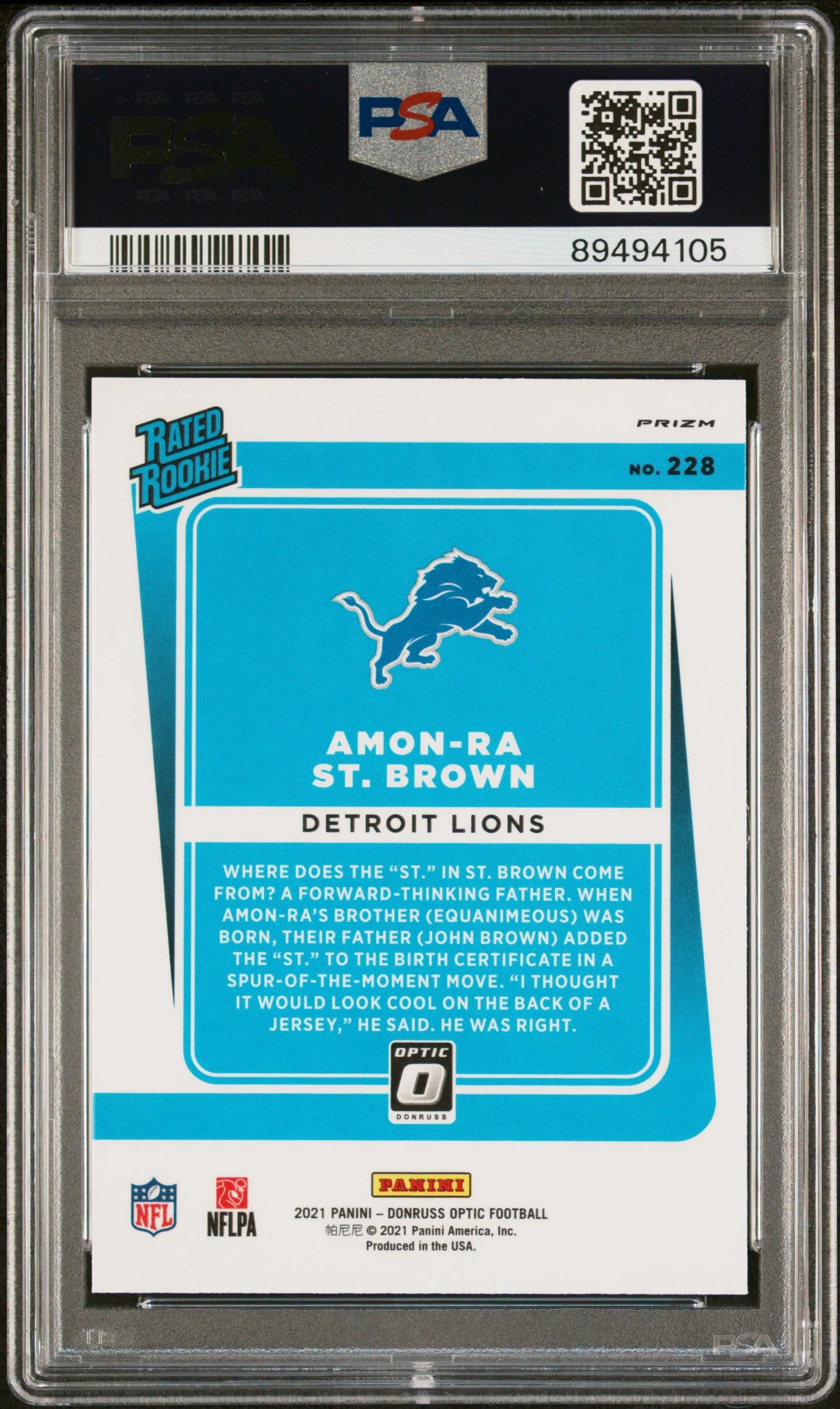 Graded 2021 Panini Donruss Optic Amon-Ra St. Brown #228 Purple Shock Rookie RC Football Card PSA 10 Gem Mint - Image 2