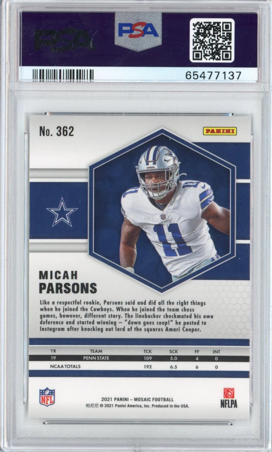 Graded 2021 Panini Mosaic Micah Parsons #362 Rookie RC Football Card PSA 10 Gem Mint - Image 2