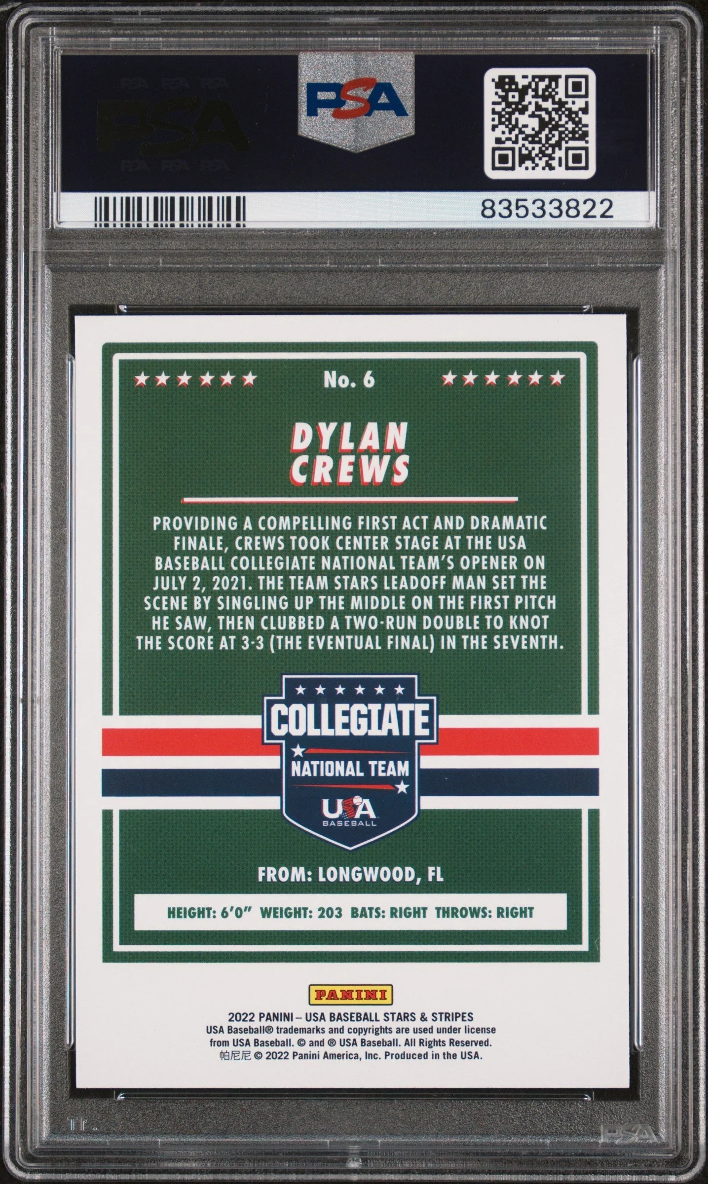 Graded 2021 Panini Stars & Stripes USA Dylan Crews #6 Longevity Base Rookie RC Baseball Card PSA 10 Gem Mint - Image 2