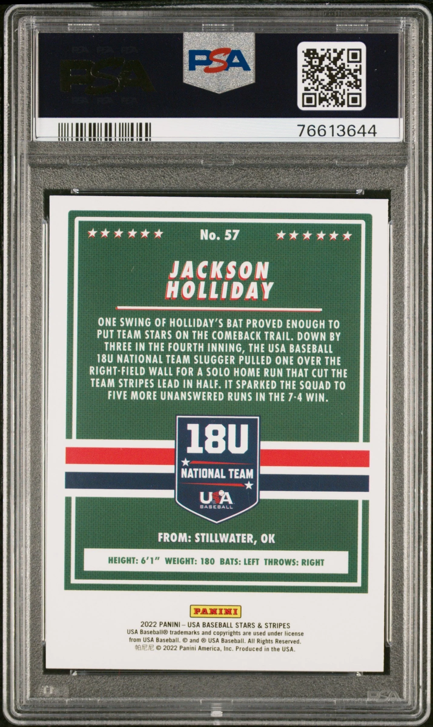 Graded 2021 Panini Stars & Stripes USA Jackson Holliday #57 Longevity Base Rookie RC Baseball Card PSA 10 Gem Mint - Image 2