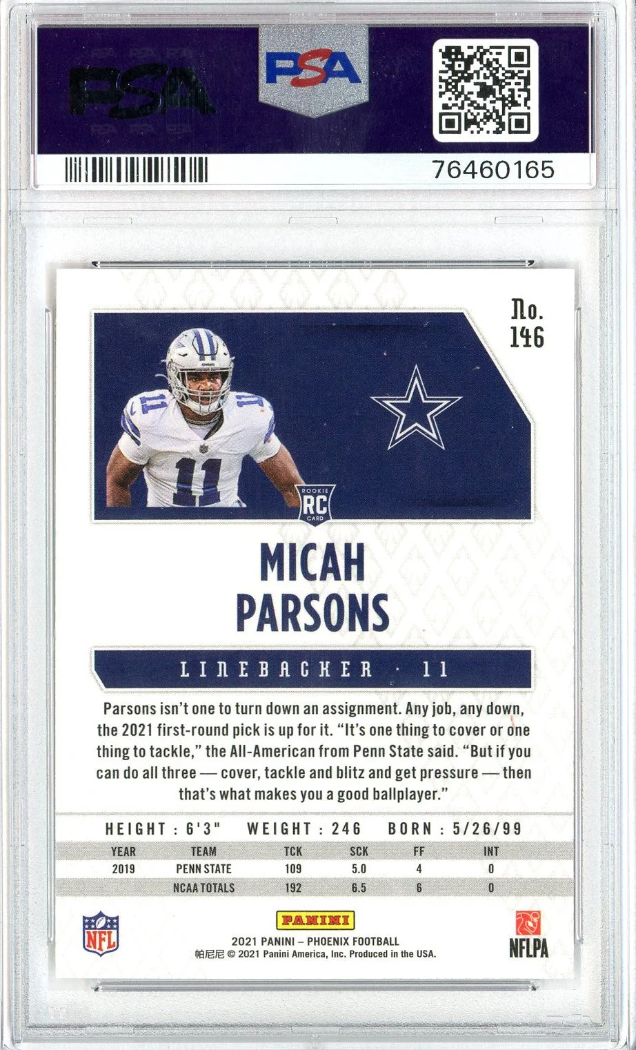 Graded 2021 Phoenix Micah Parsons #146 Fire Burst Rookie RC Football Card PSA 10 Gem Mint - Image 2