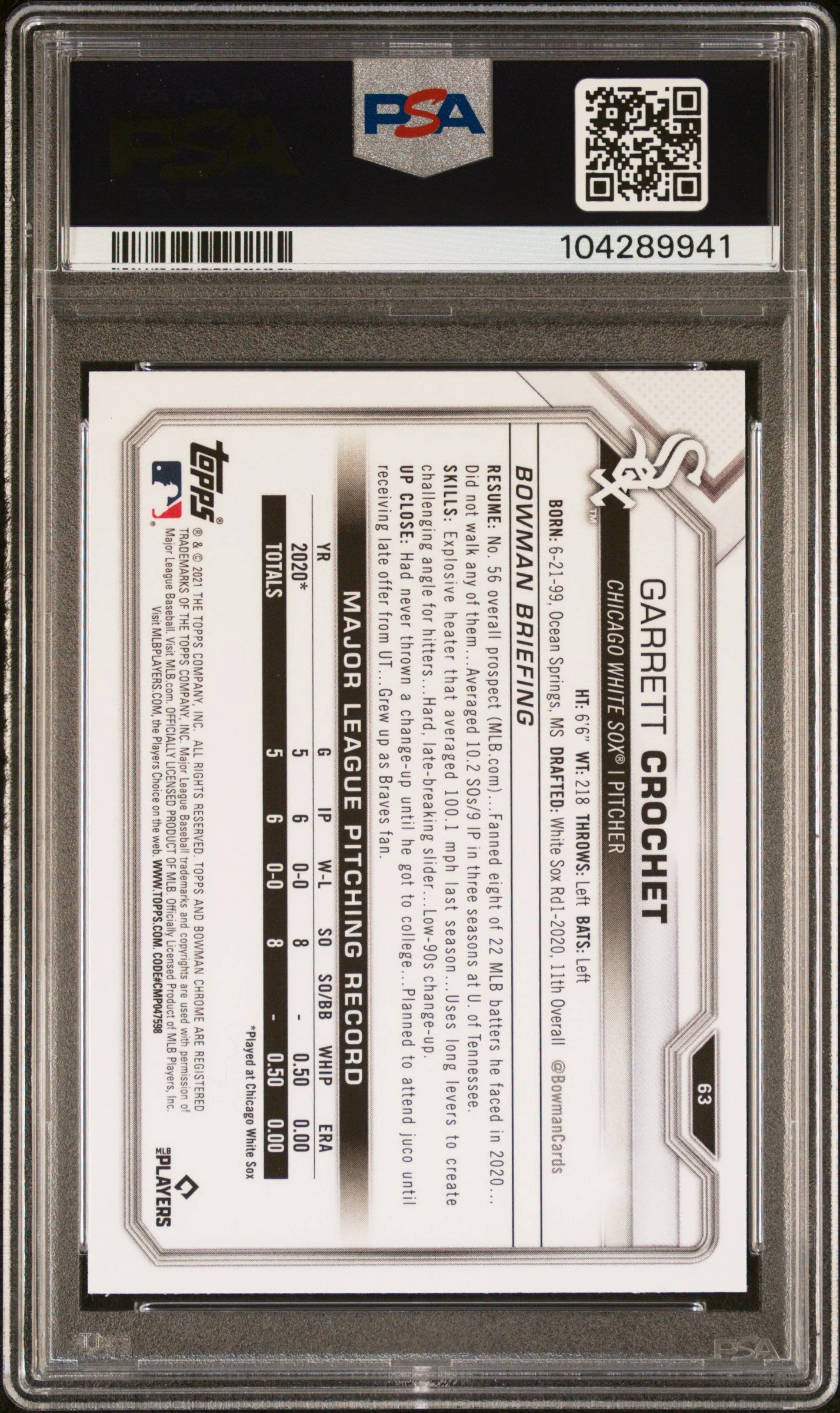 Graded 2021 Topps Bowman Chrome Garrett Crochet #63 Rookie RC Baseball Card PSA 10 Gem Mint - Image 2