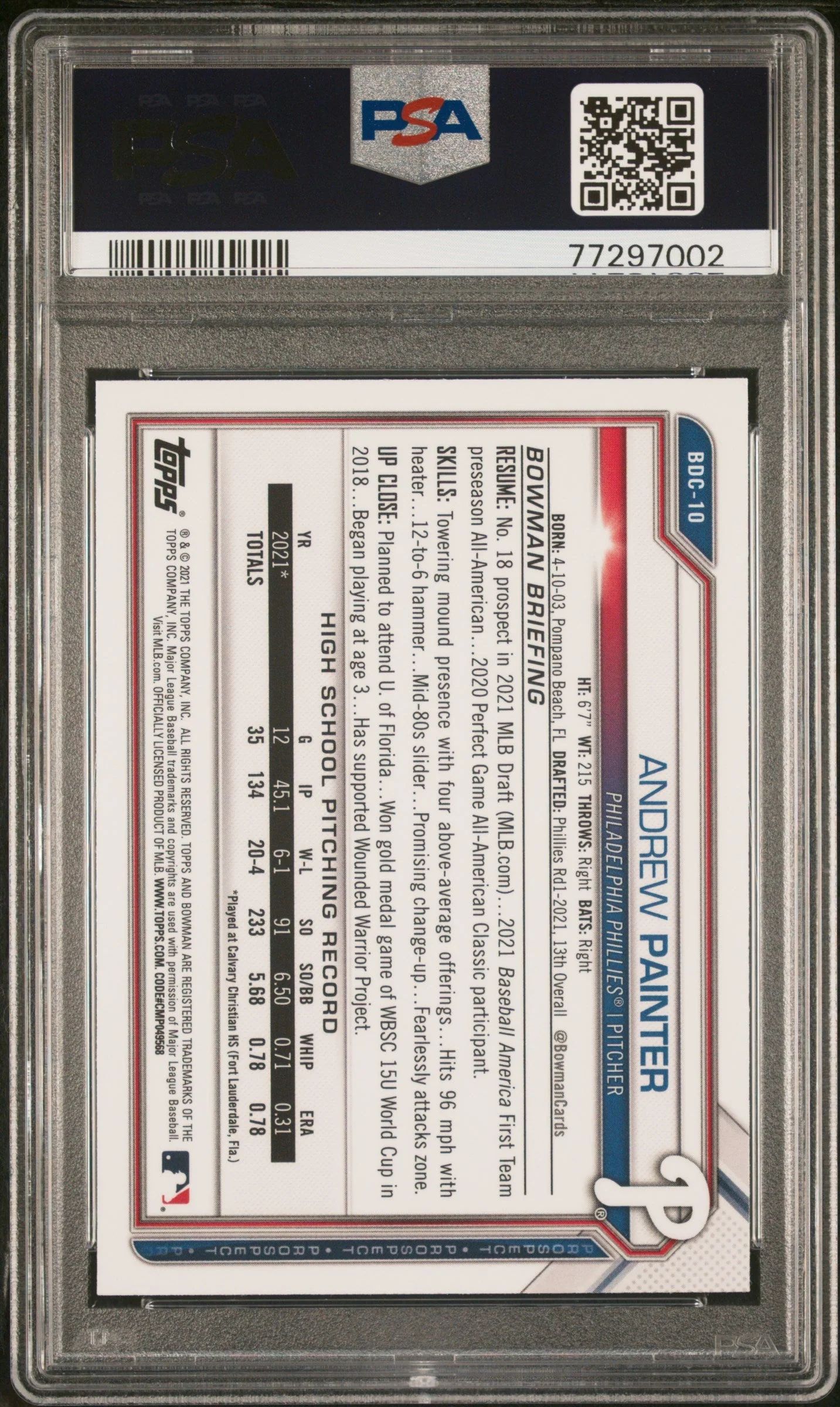 Graded 2021 Topps Bowman Draft Andrew Painter #BDC10 Chrome Rookie RC Baseball Card PSA 10 Gem Mint - Image 2