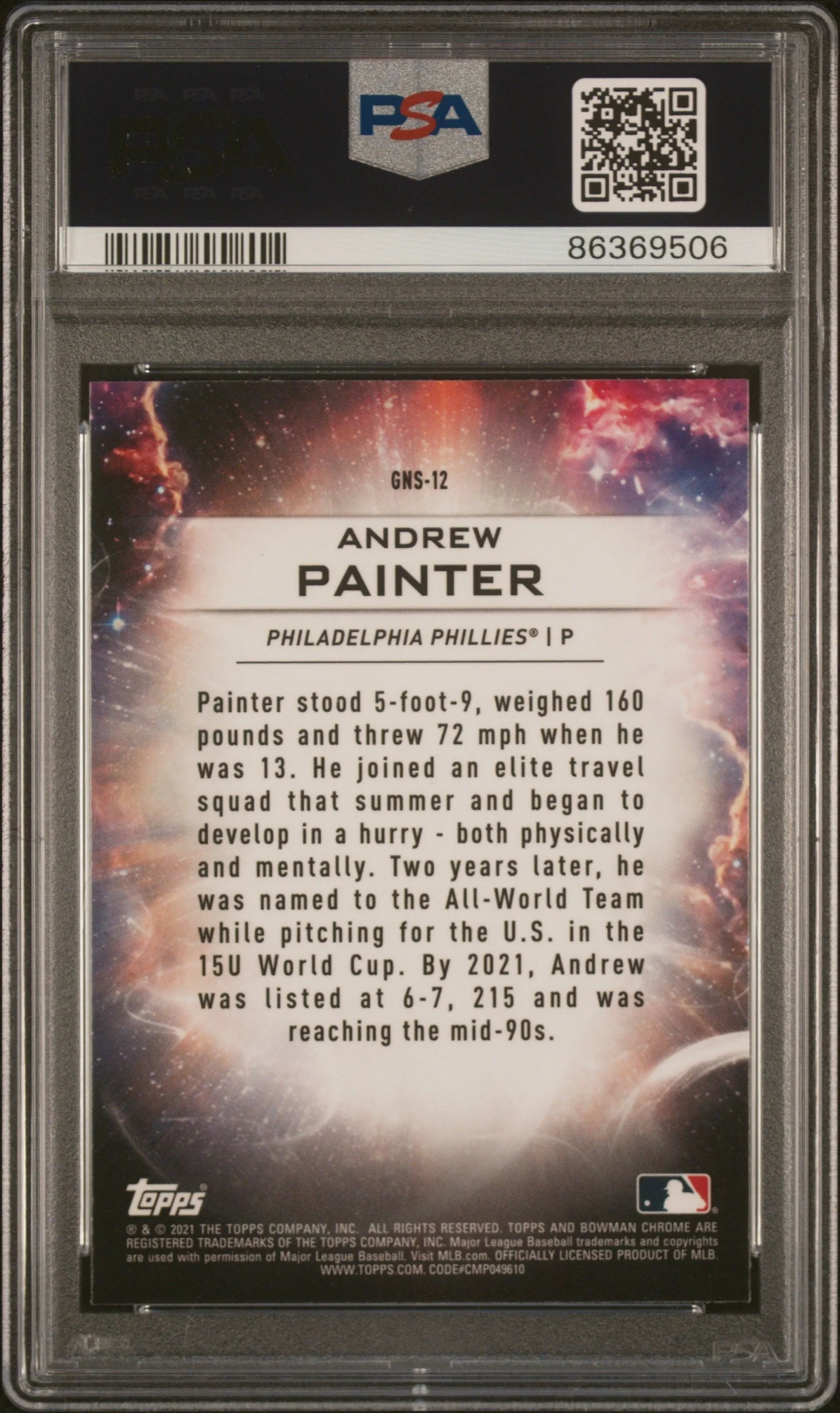 Graded 2021 Topps Bowman Draft Andrew Painter #GNS12 Genesis Rookie RC Baseball Card PSA 10 Gem Mint - Image 2