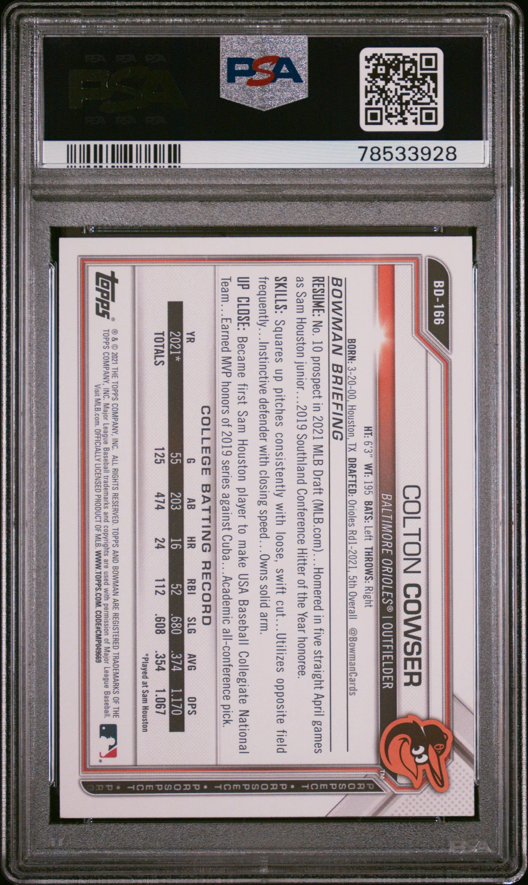 Graded 2021 Topps Bowman Draft Colton Cowser #BD166 Rookie RC Baseball Card PSA 10 Gem Mint - Image 2