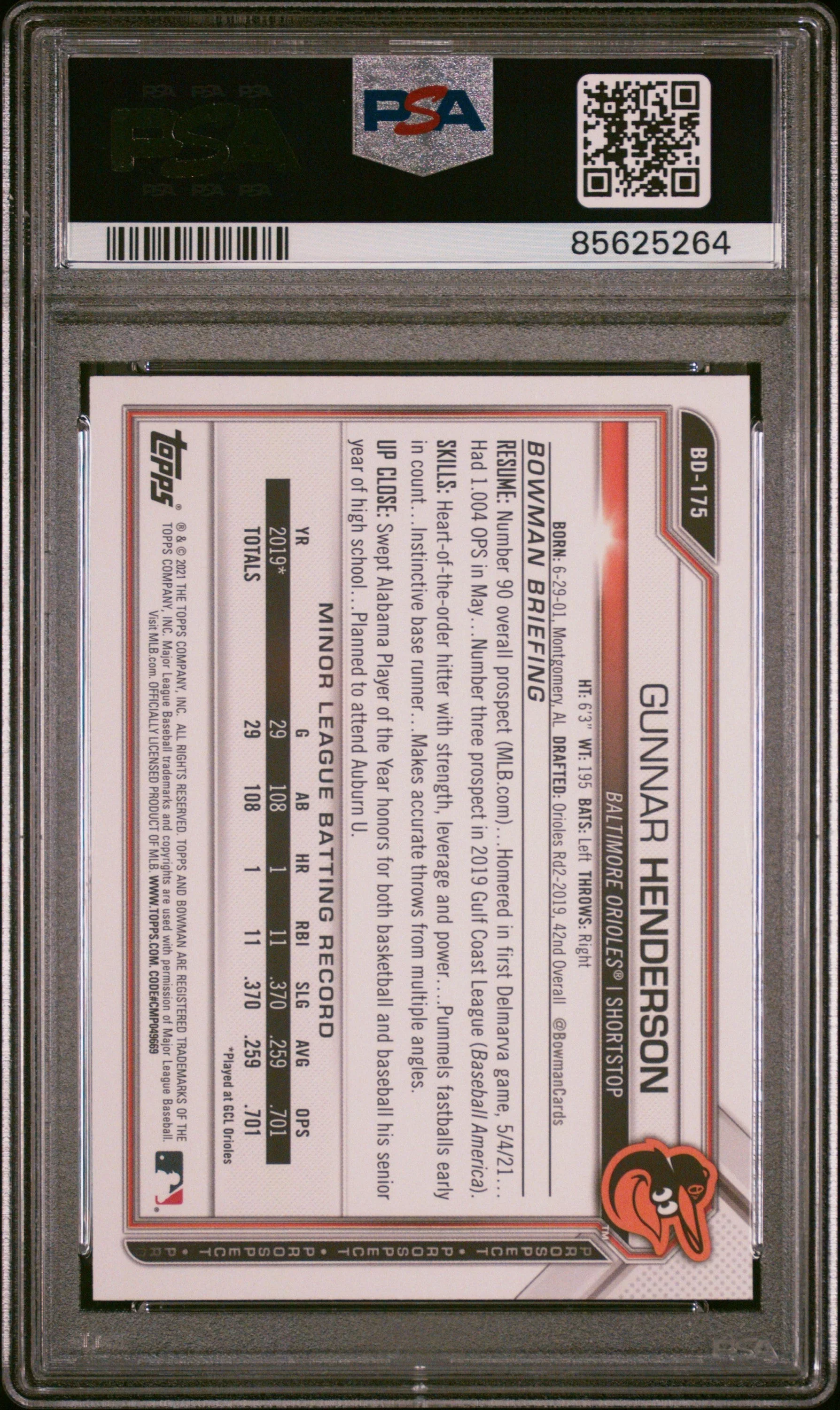 Graded 2021 Topps Bowman Draft Gunnar Henderson #BD175 Rookie RC Baseball Card PSA 10 Gem Mint - Image 2