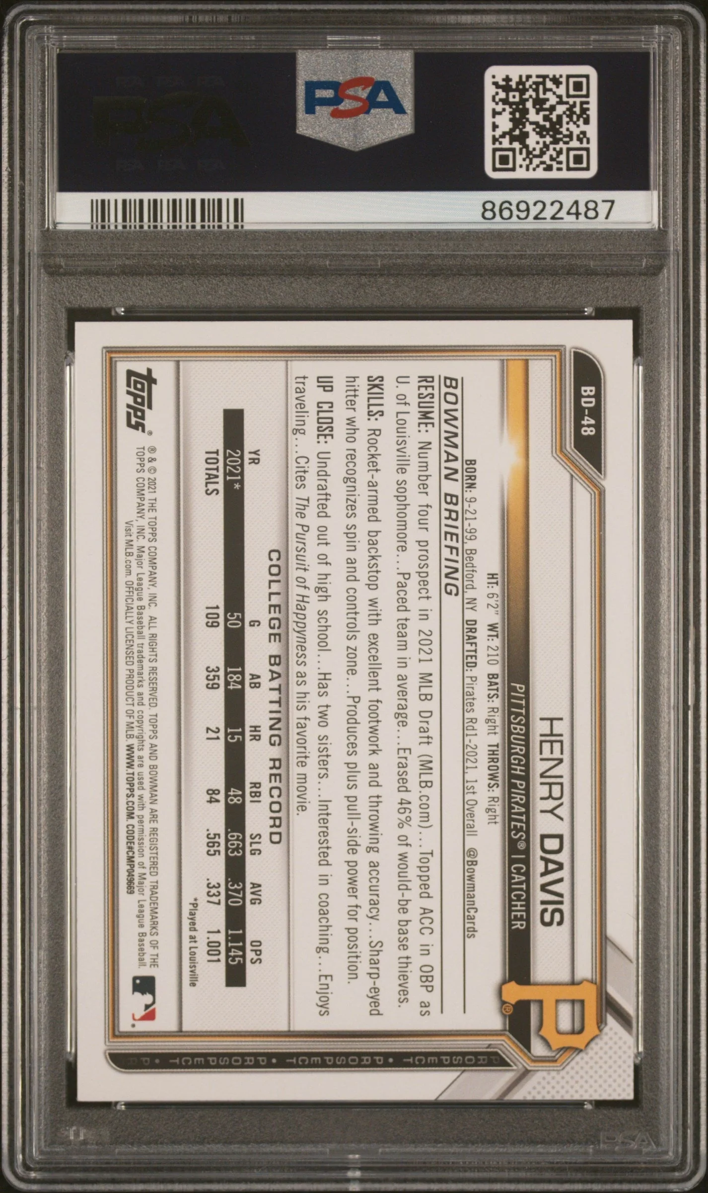 Graded 2021 Topps Bowman Draft Henry Davis #BD48 Rookie RC Baseball Card PSA 10 Gem Mint - Image 2