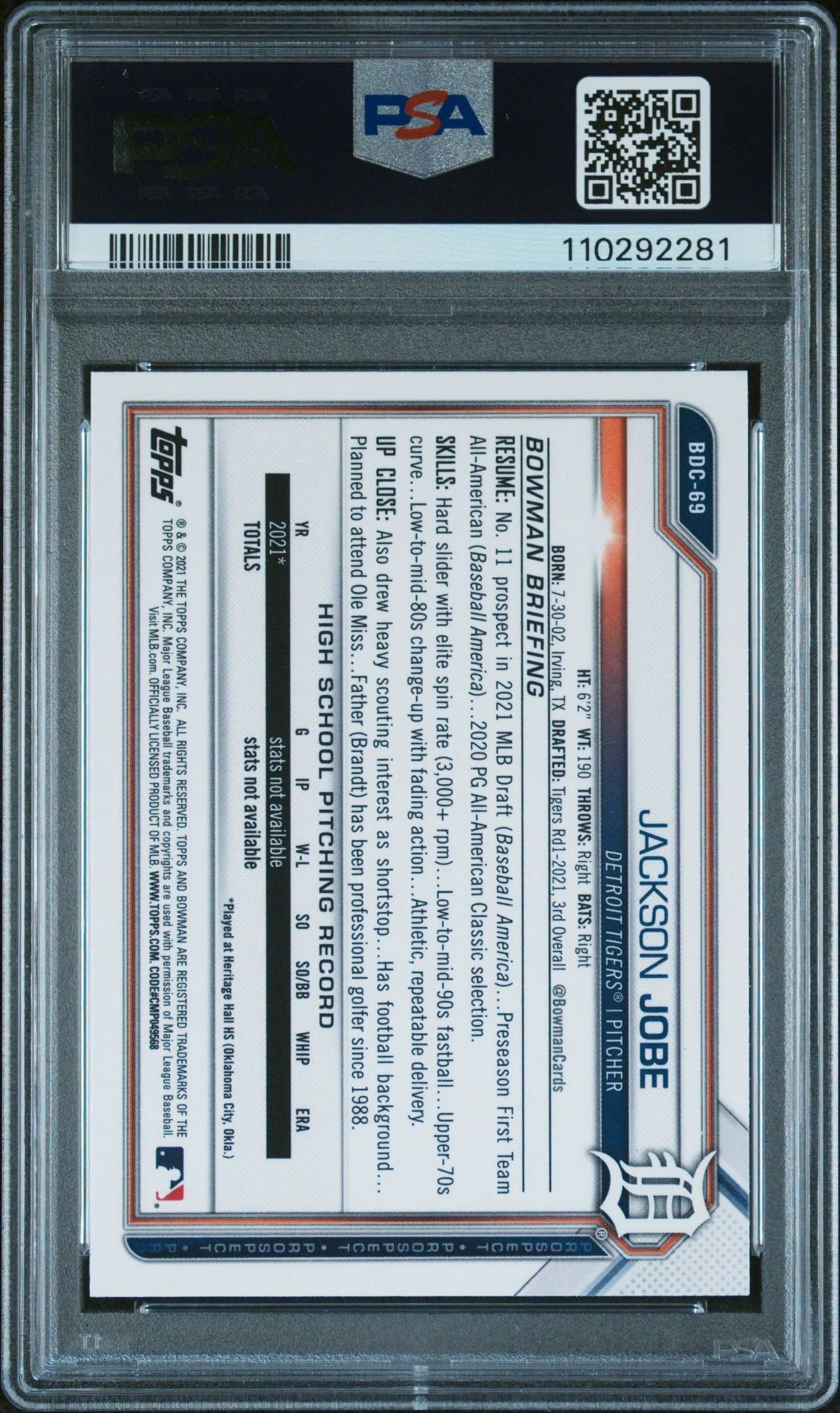 Graded 2021 Topps Bowman Draft Jackson Jobe #BDC69 Chrome Rookie RC Baseball Card PSA 10 Gem Mint - Image 2
