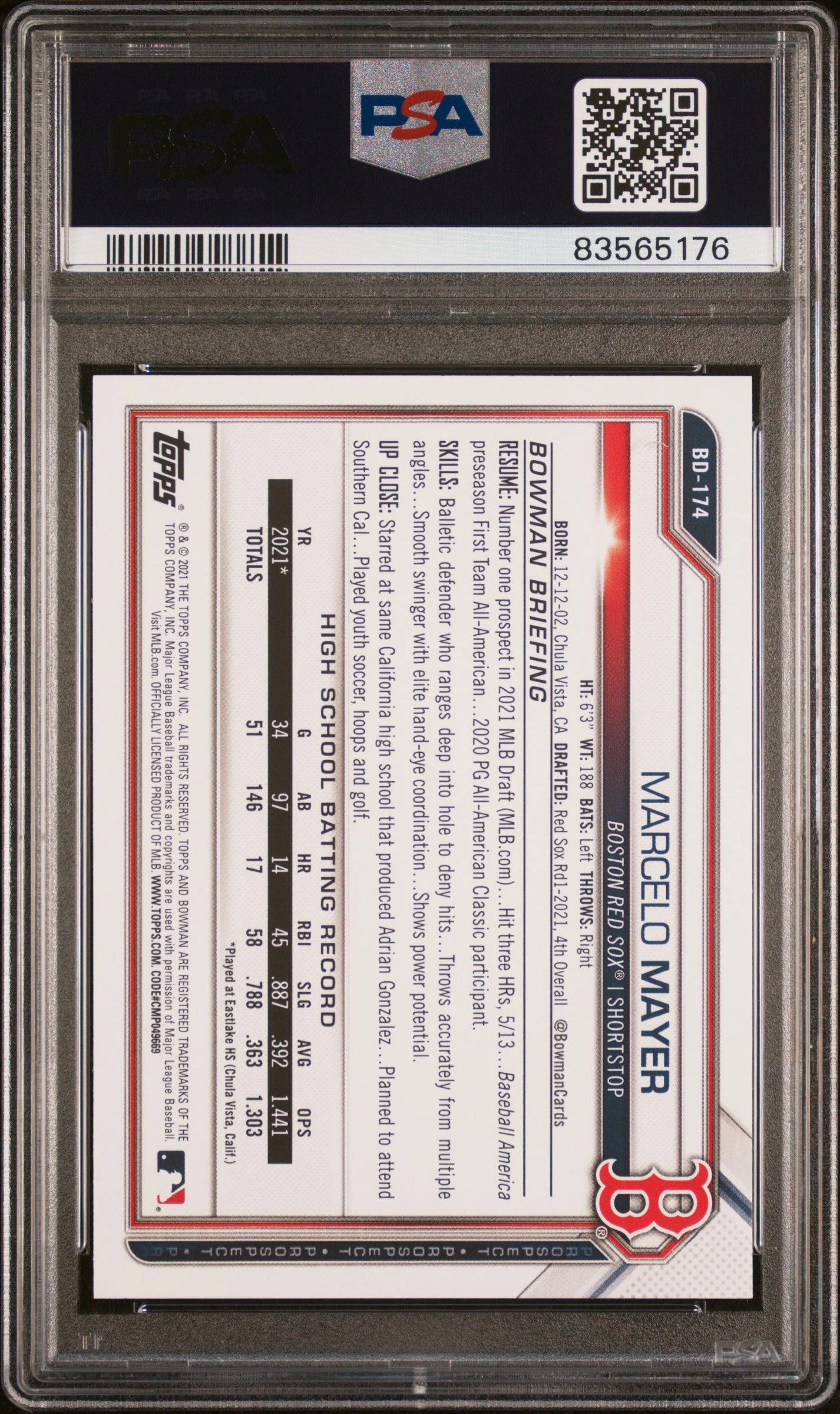 Graded 2021 Topps Bowman Draft Marcelo Mayer #BD174 Rookie RC Baseball Card PSA 10 Gem Mint - Image 2