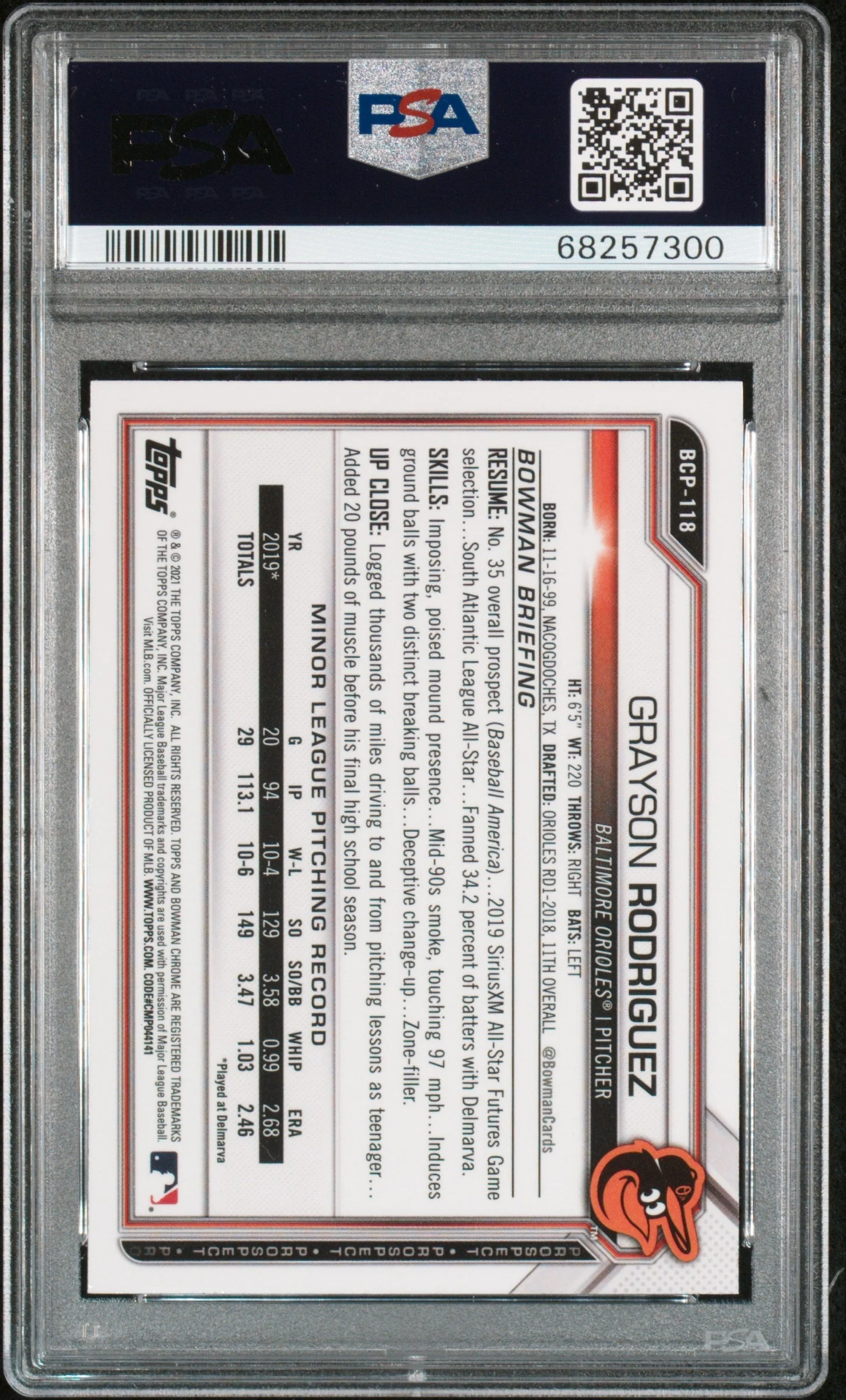 Graded 2021 Topps Bowman Grayson Rodriguez #BCP118 Chrome Prospects Atomic Refractor Rookie RC Baseball Card PSA 10 Gem Mint - Image 2