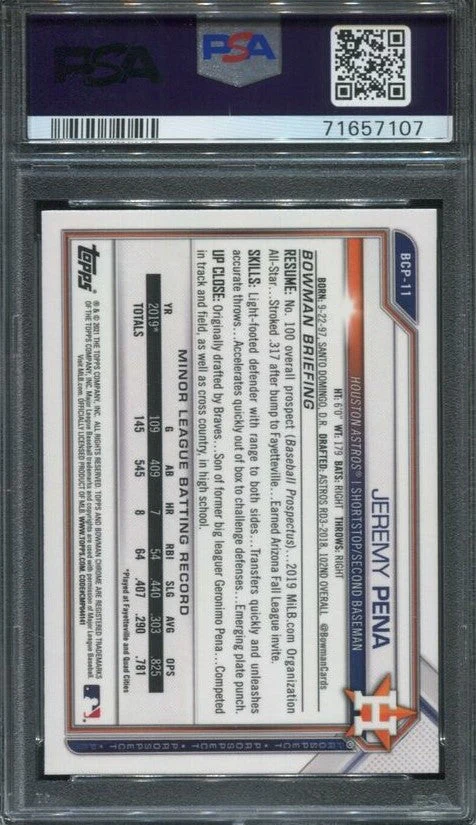 Graded 2021 Topps Bowman Jeremy Pena #BCP11 Chrome Prospects Rookie RC Baseball Card PSA 10 Gem Mint - Image 2