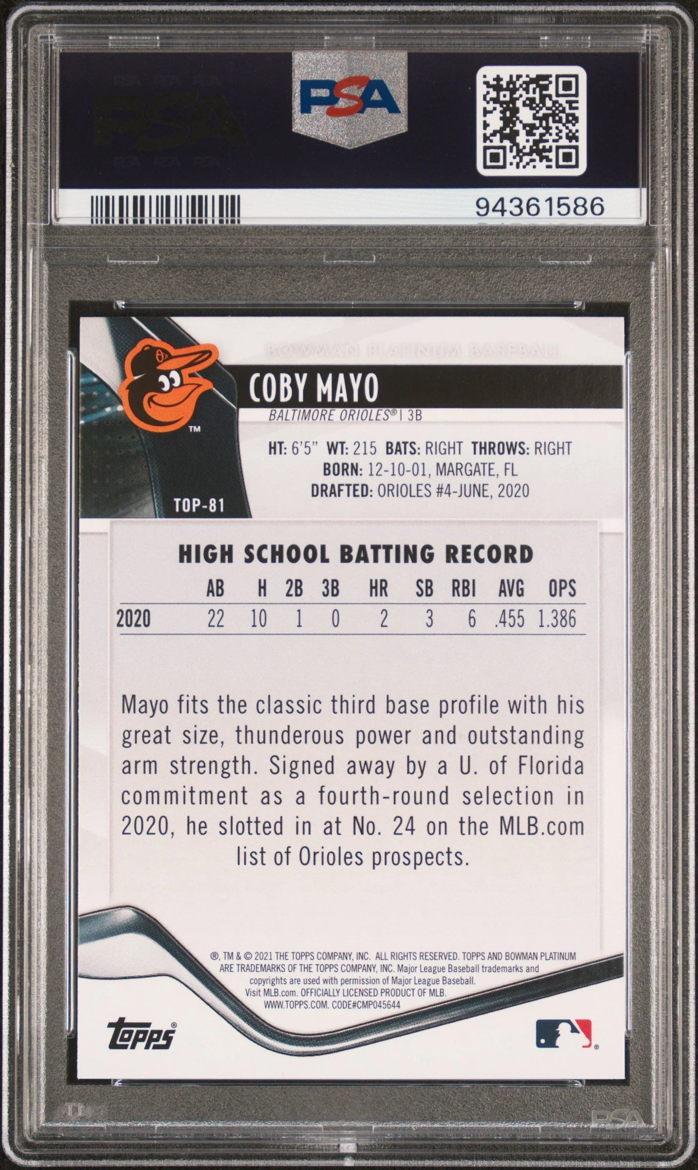 Graded 2021 Topps Bowman Platinum Coby Mayo #TOP81 Top Prospects Rookie RC Baseball Card PSA 10 Gem Mint - Image 2