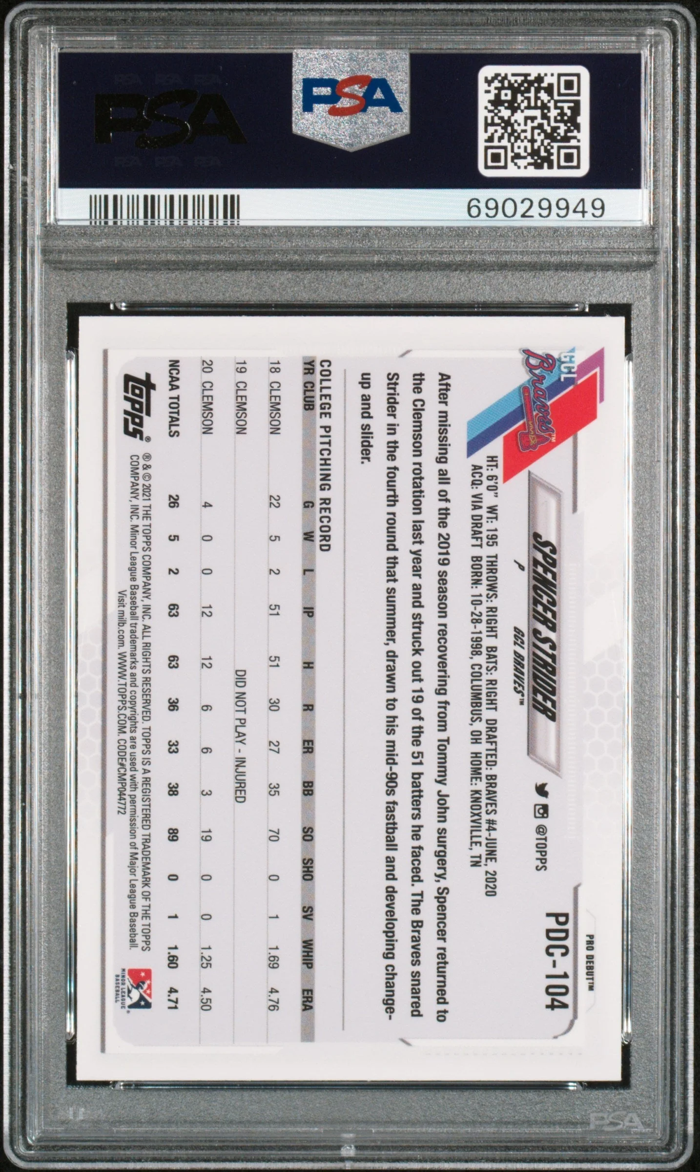 Graded 2021 Topps Pro Debut Spencer Strider #PDC104 Chrome Rookie RC Baseball Card PSA 10 Gem Mint - Image 2