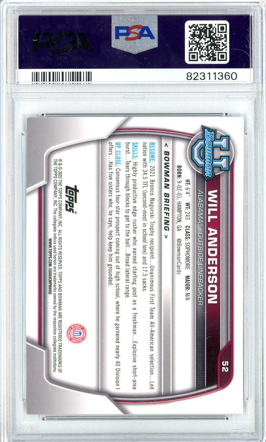 Graded 2022 Bowman University Will Anderson #52 Chrome Prospects Rookie RC Football Card PSA 10 Gem Mint - Image 2